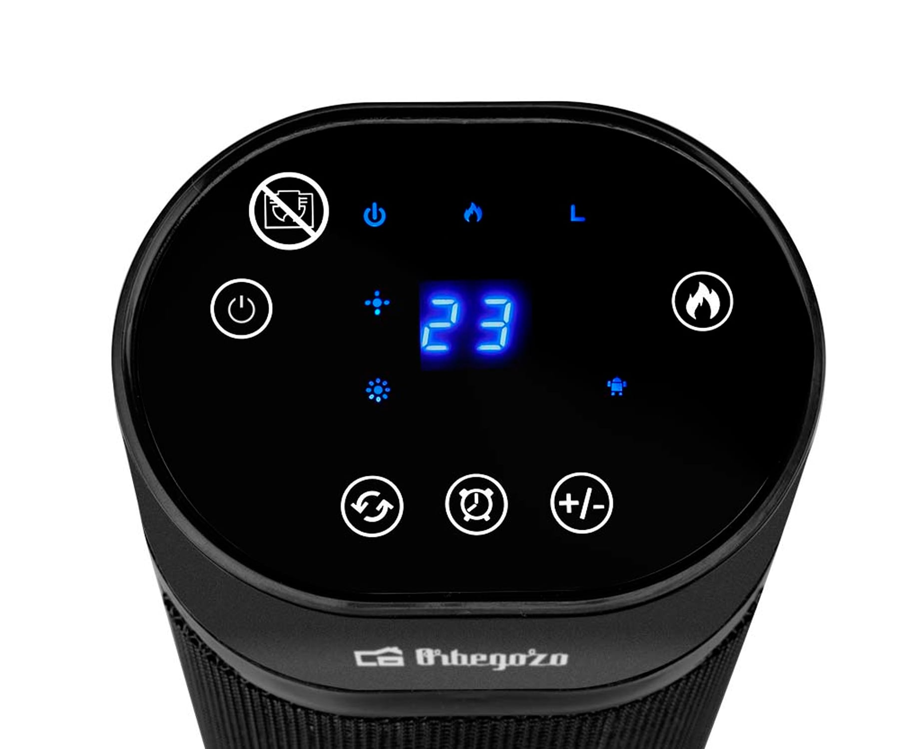 Czarny grzejnik elektryczny z panelem sterowania i cyfrowym wyświetlaczem 23.