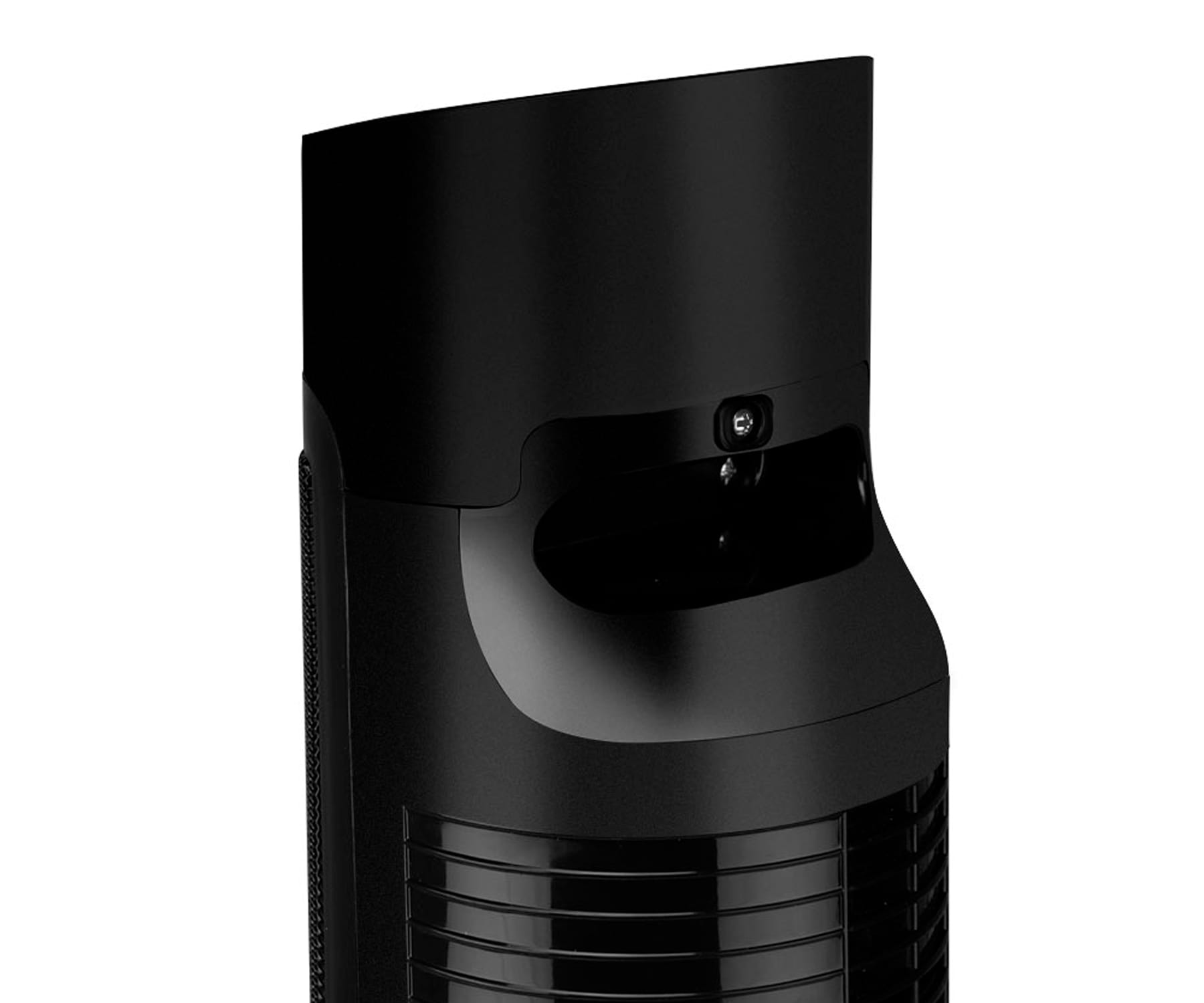 Zbliżenie czarnego oczyszczacza powietrza, pokazujące górę i małą część przedniego panelu.