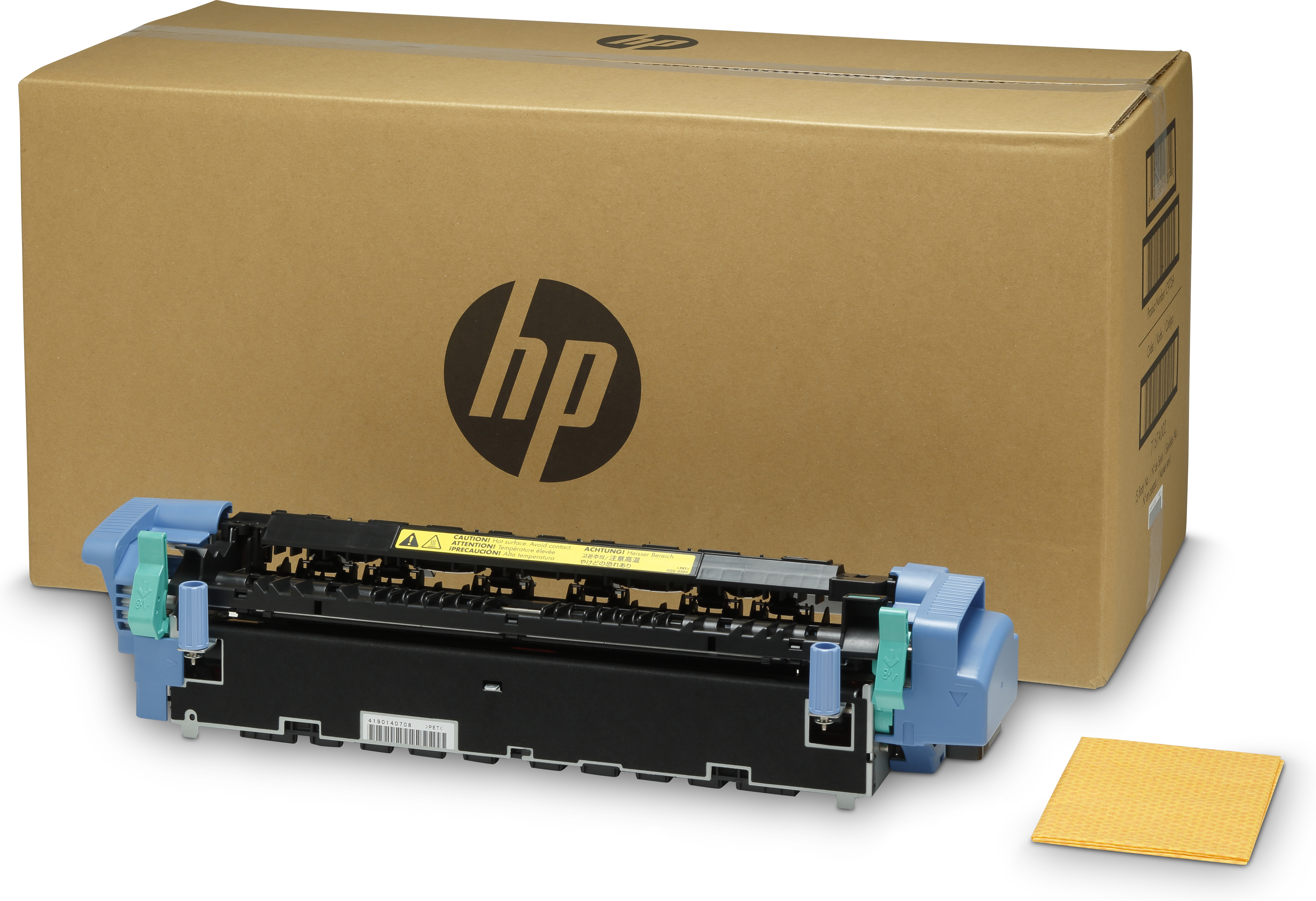Parte di stampante davanti a una scatola di cartone, logo HP visibile.