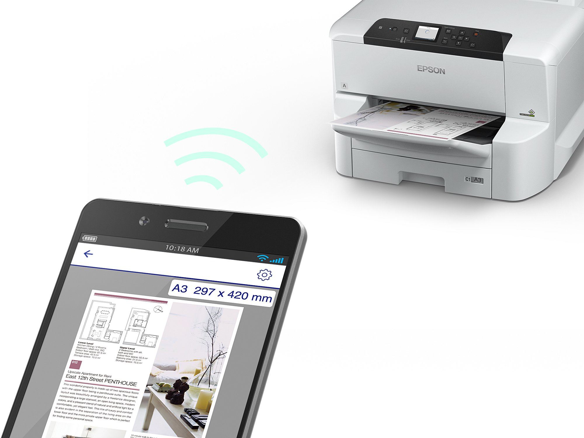 Stampante Epson che stampa un documento, con un telefono che mostra il documento.