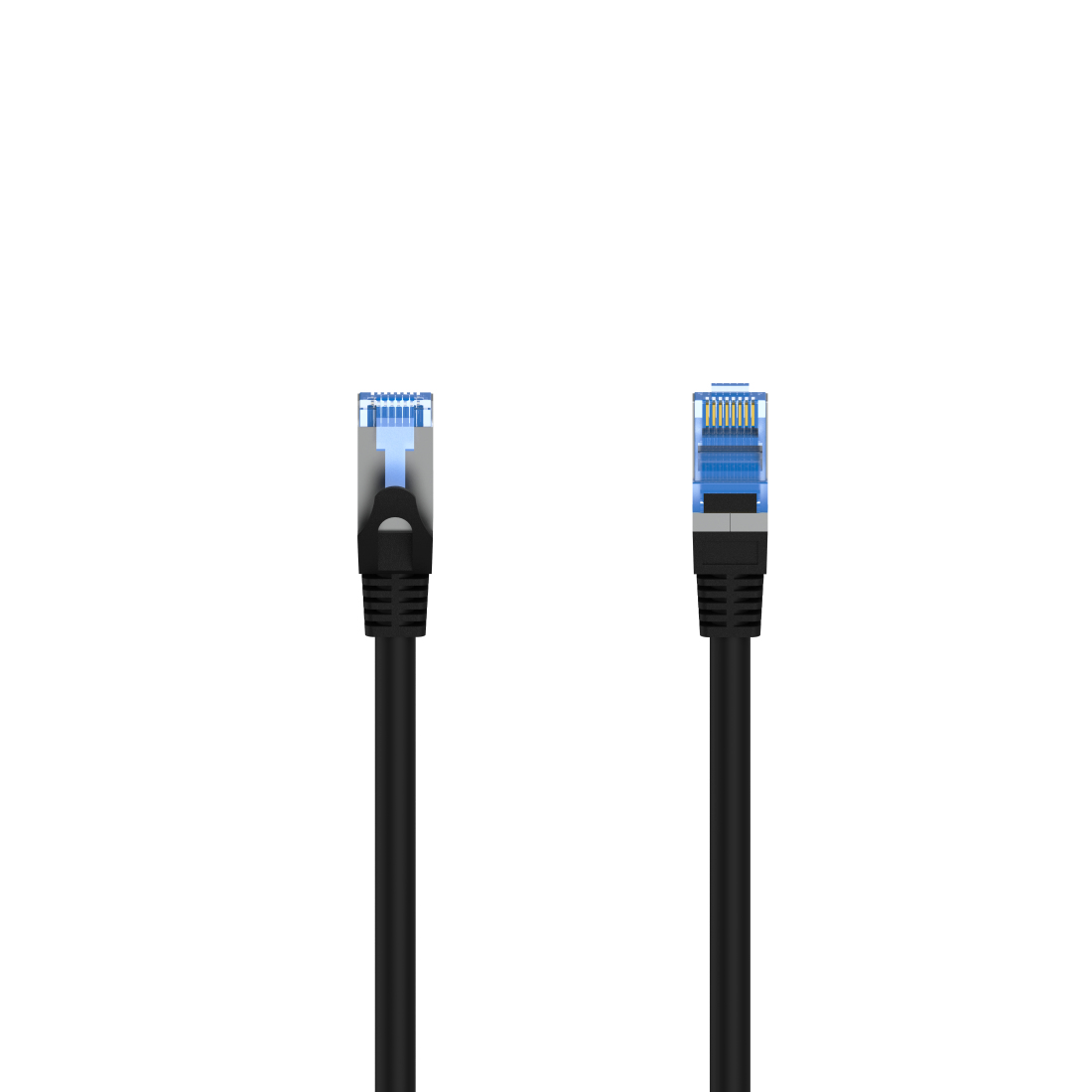 Due cavi Ethernet neri con connettori blu.
