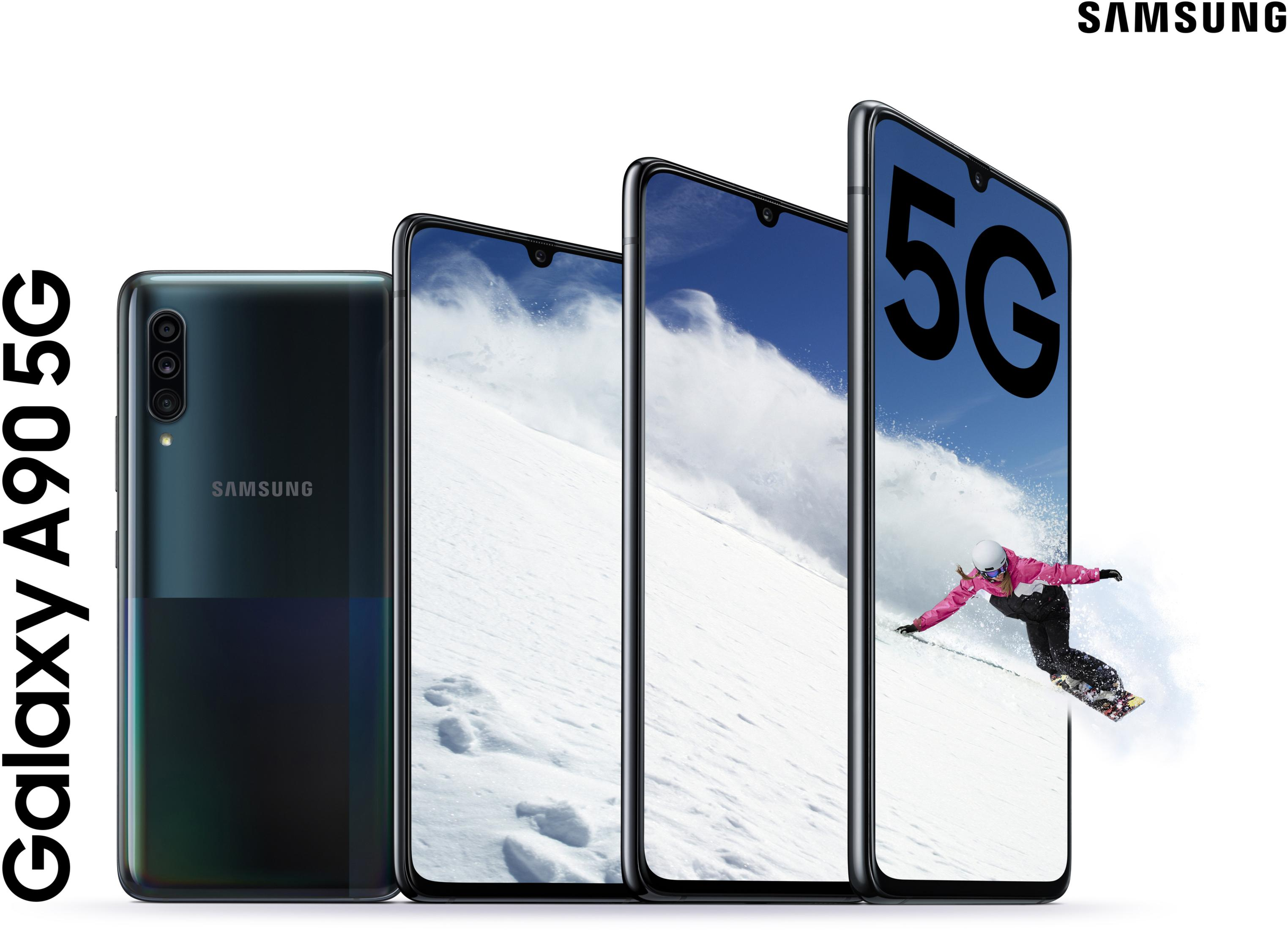 Wiele telefonów Samsung Galaxy A90 5G z narciarzem na wyświetlaczu.