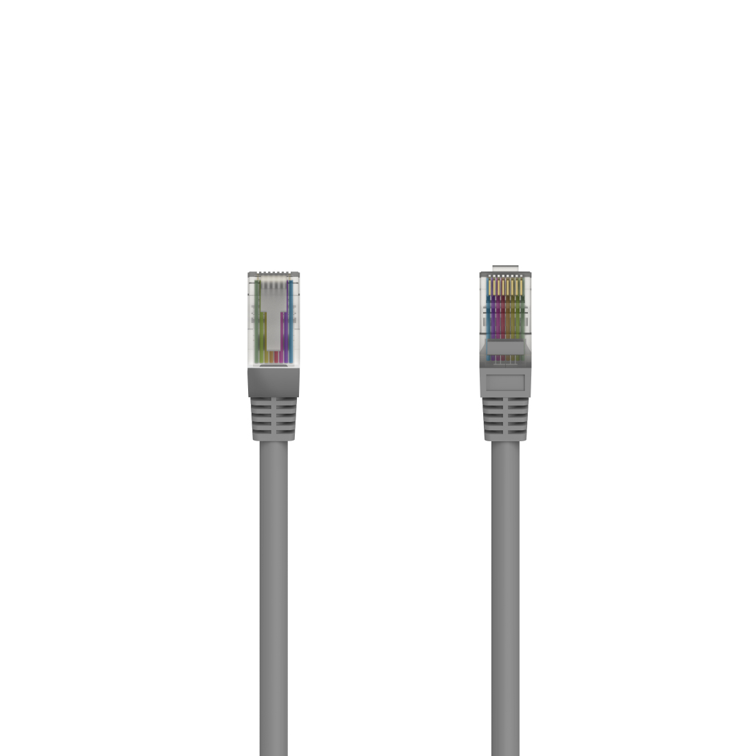Due cavi Ethernet grigi con connettori trasparenti. Sono su uno sfondo bianco.