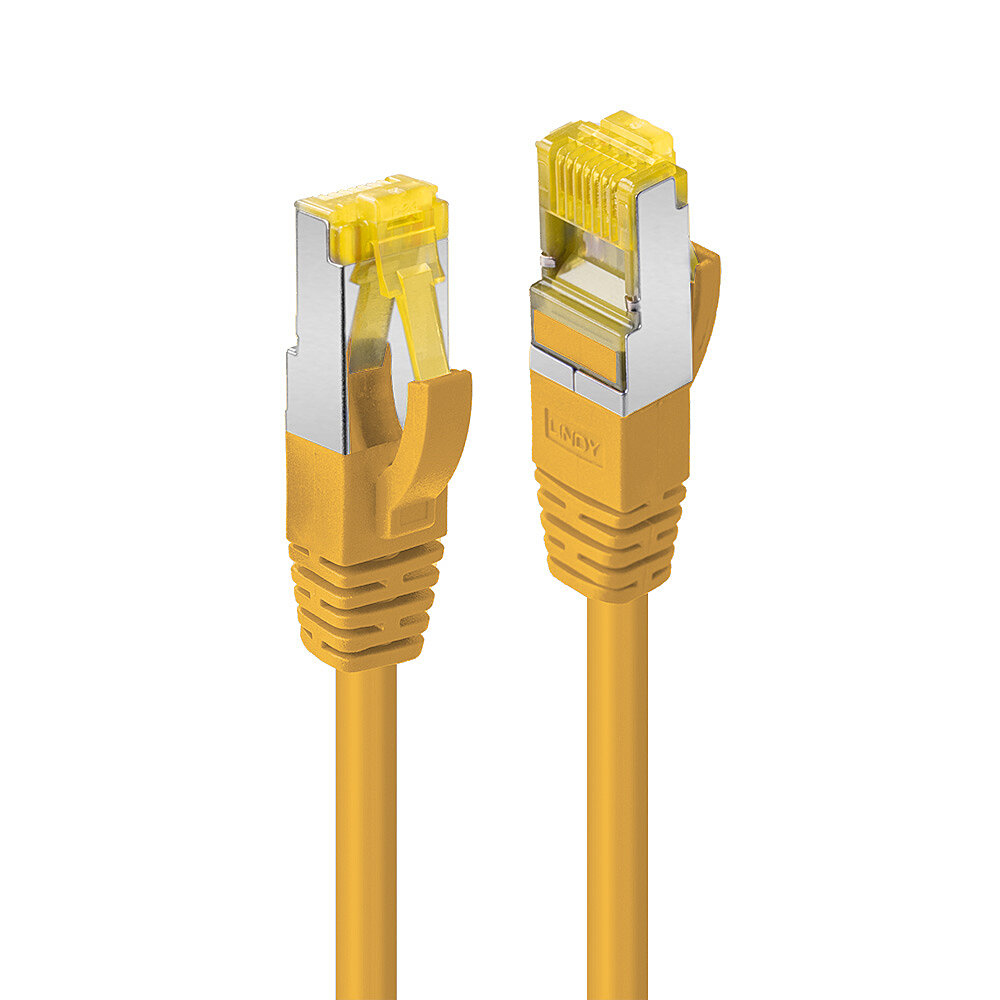 Due cavi ethernet gialli con connettori gialli su sfondo bianco.