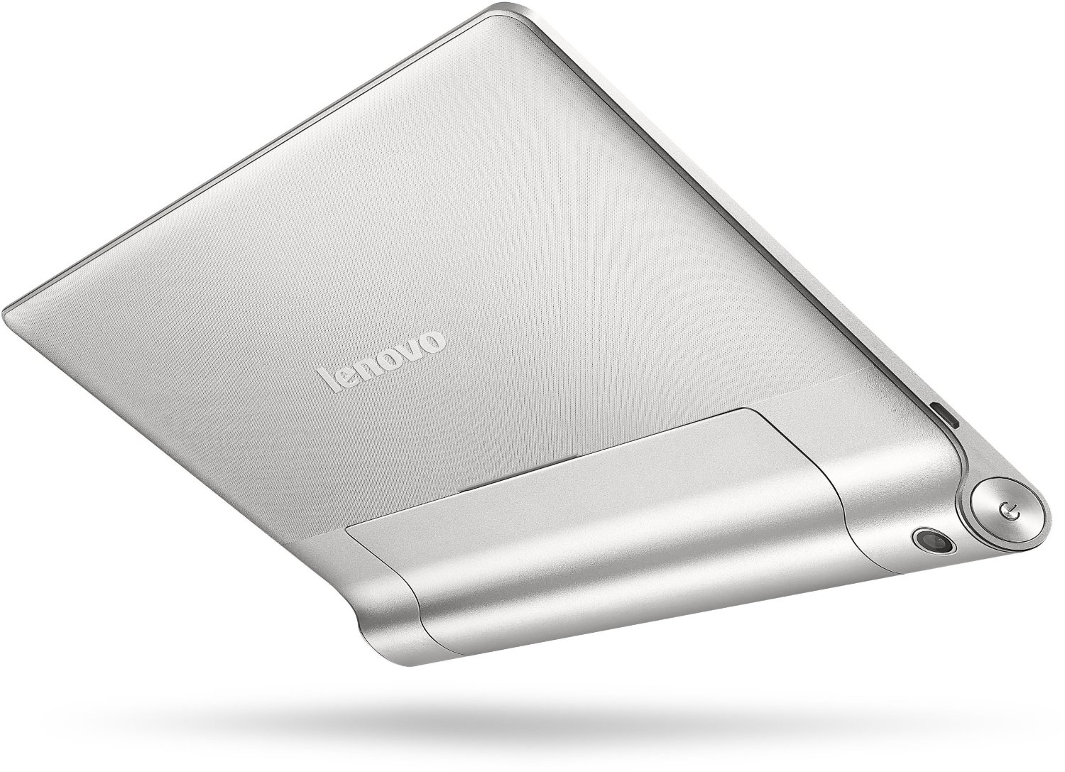 Silbernes Tablet, Winkelansicht, Rückseite. Die Marke "Lenovo" steht auf der Oberfläche.