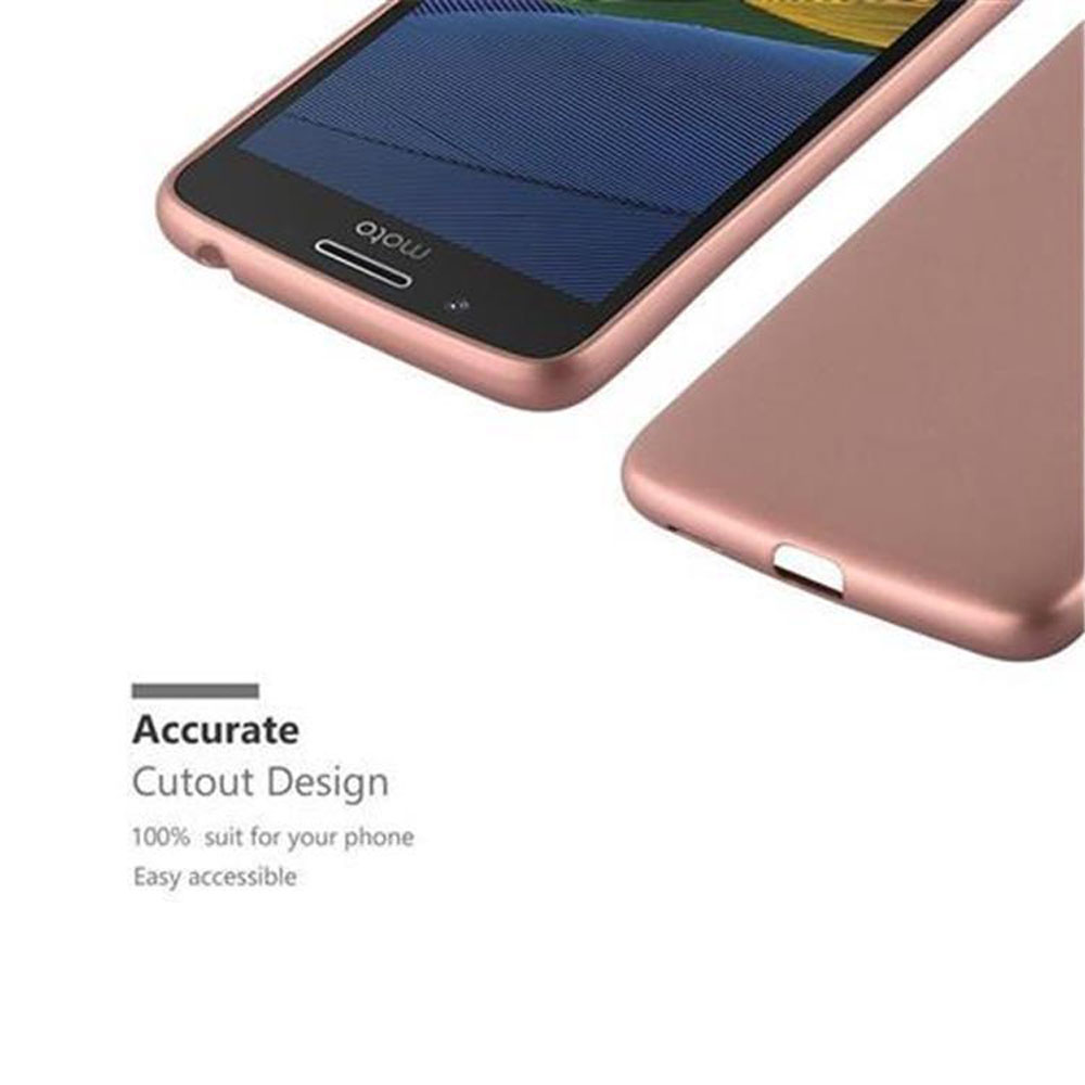 Telefono e custodia oro rosa. Il telefono ha uno schermo e la custodia è accanto.