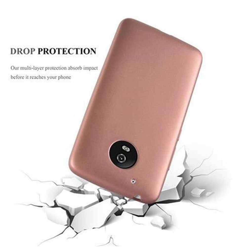 Custodia per telefono che cade su cemento rotto, con testo di protezione. Colore oro rosa.