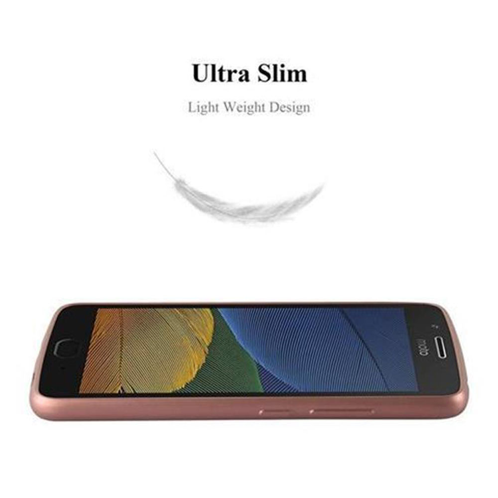 Custodia per telefono ultrasottile. Oro rosa con icona piuma. Il telefono mostra una scena naturale.