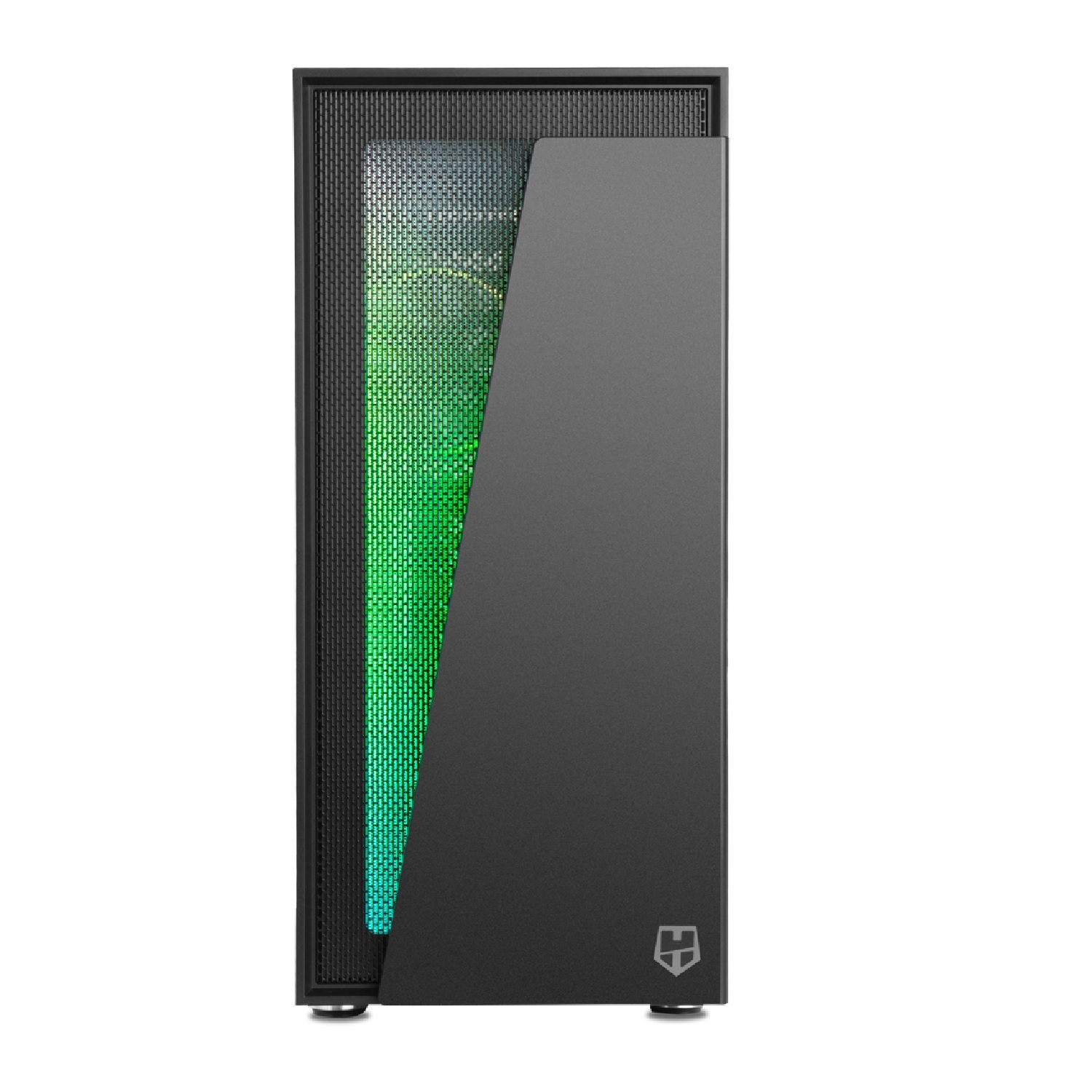 Caja de ordenador negra con una rejilla verde iluminada parcialmente visible.