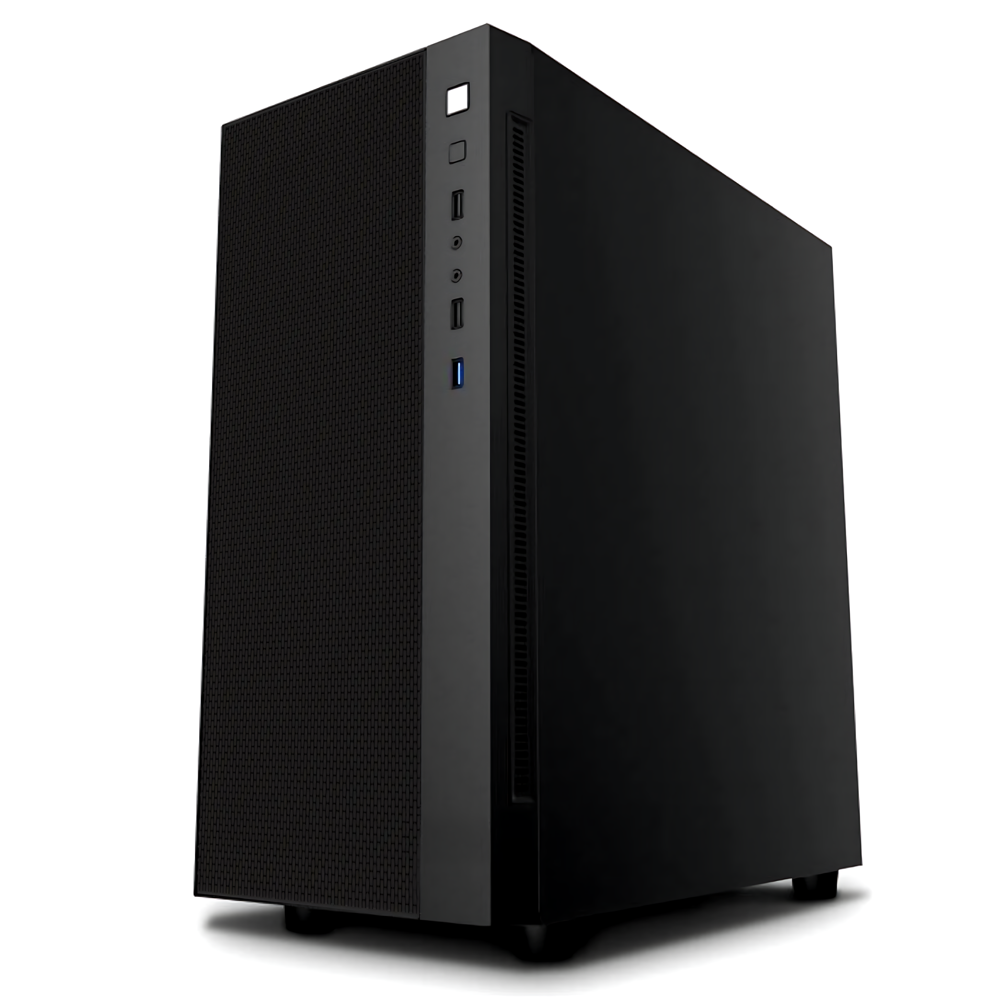 Una caja de computadora negra. Tiene un frente de malla y varios puertos y botones.