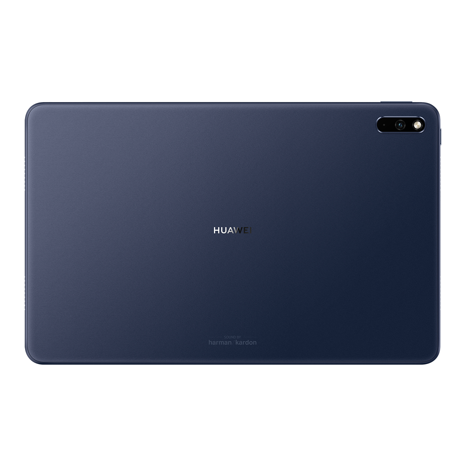 Rückansicht eines dunkelblauen Huawei-Tablets. Es hat eine Kamera oben rechts und das Huawei-Logo mittig.