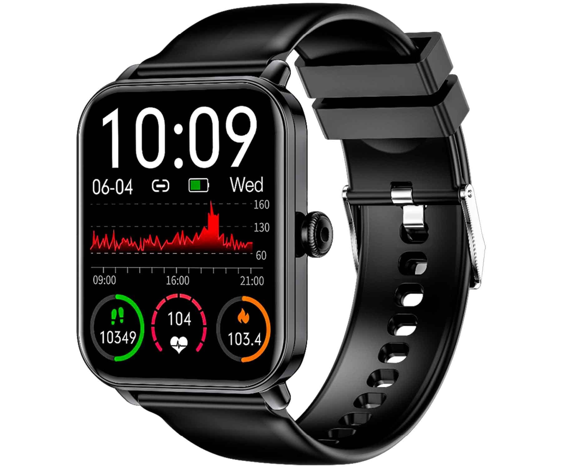 Smartwatch nero con display che mostra tempo, dati sanitari e cinturino nero.