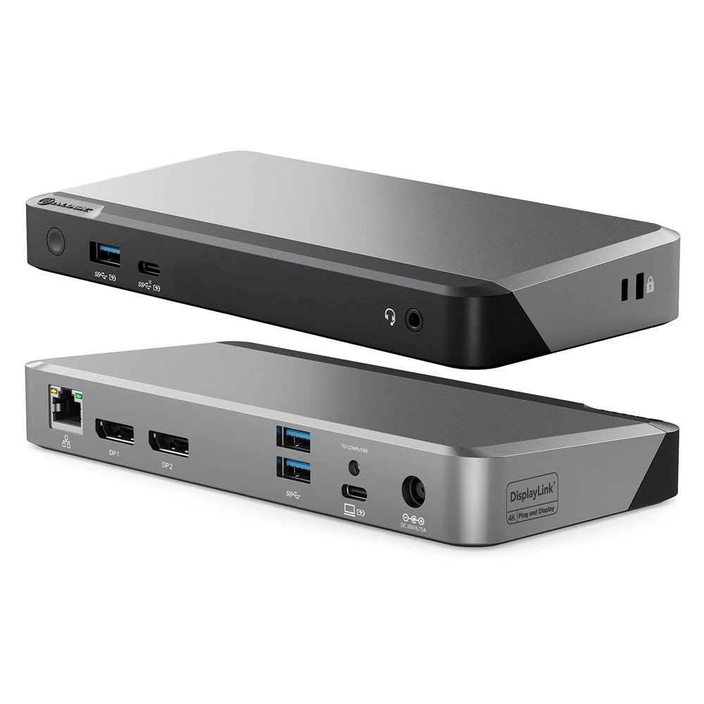Due docking station nere e argentate con molte porte, su sfondo bianco.