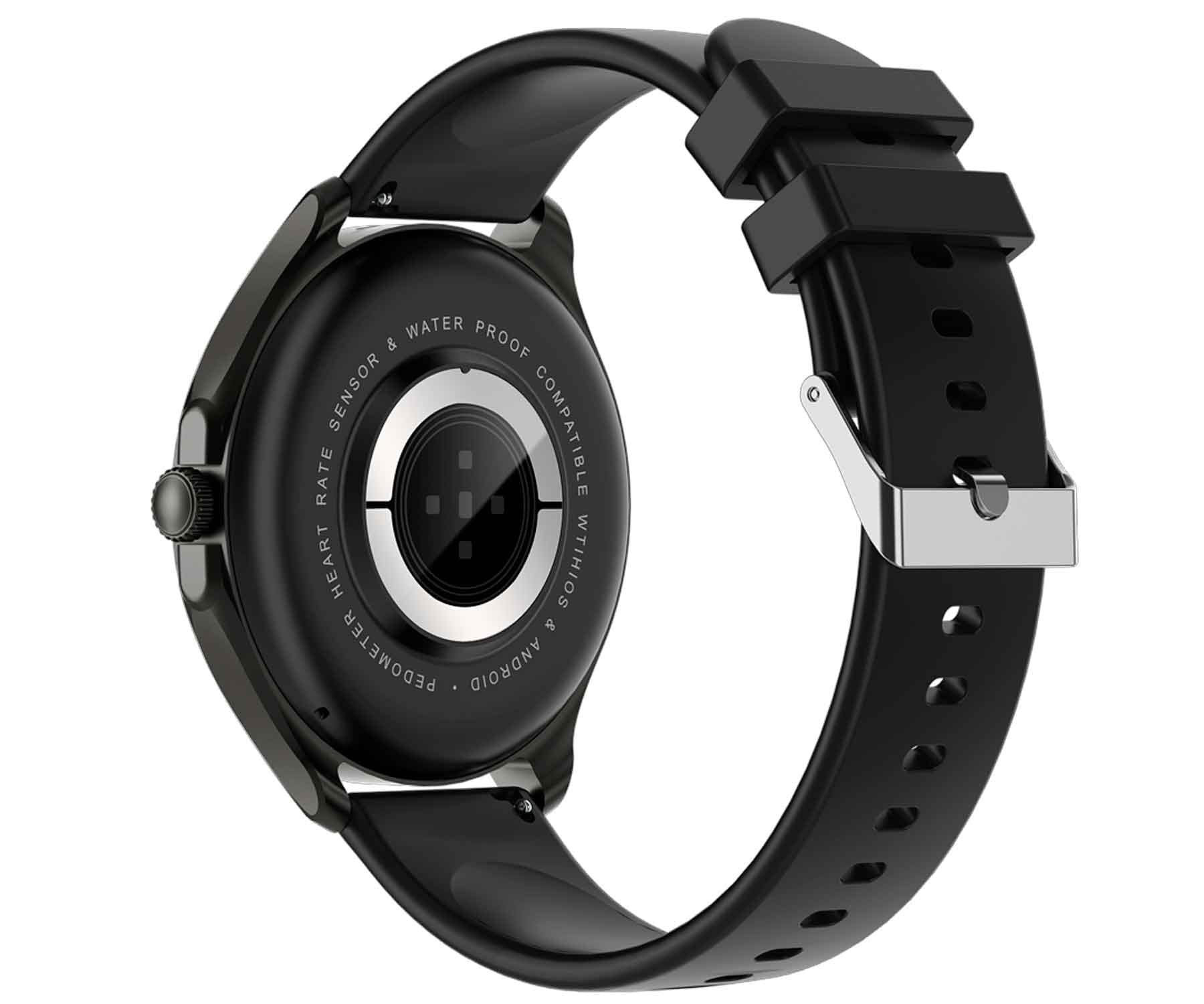 Rückseite einer schwarzen Smartwatch, die Herzfrequenzsensor und Armbanddetails zeigt, auf weißem Hintergrund.