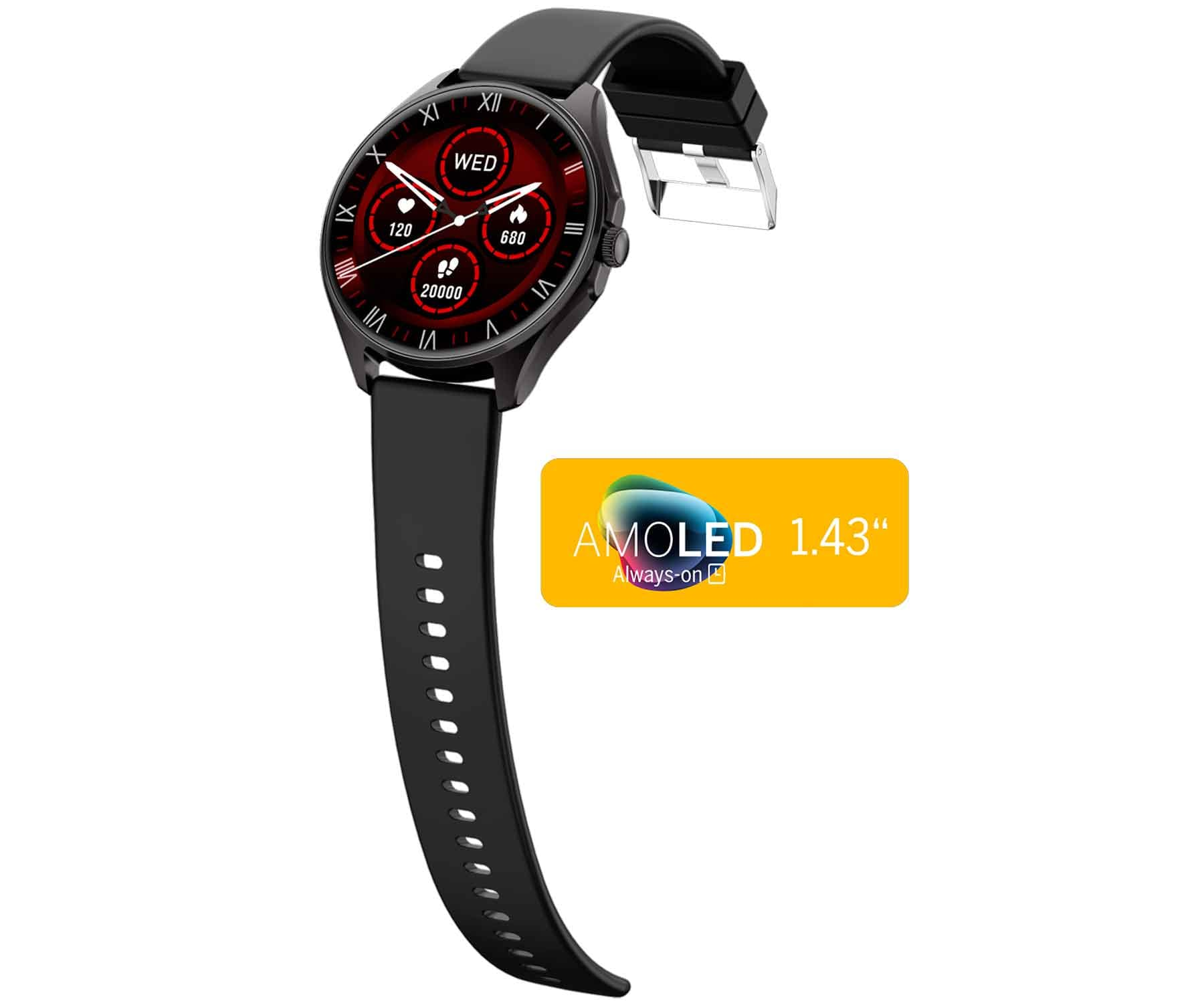 Eine schwarze Smartwatch mit rundem Zifferblatt, zeigt Zeit und Gesundheitsdaten. AMOLED 1,43".