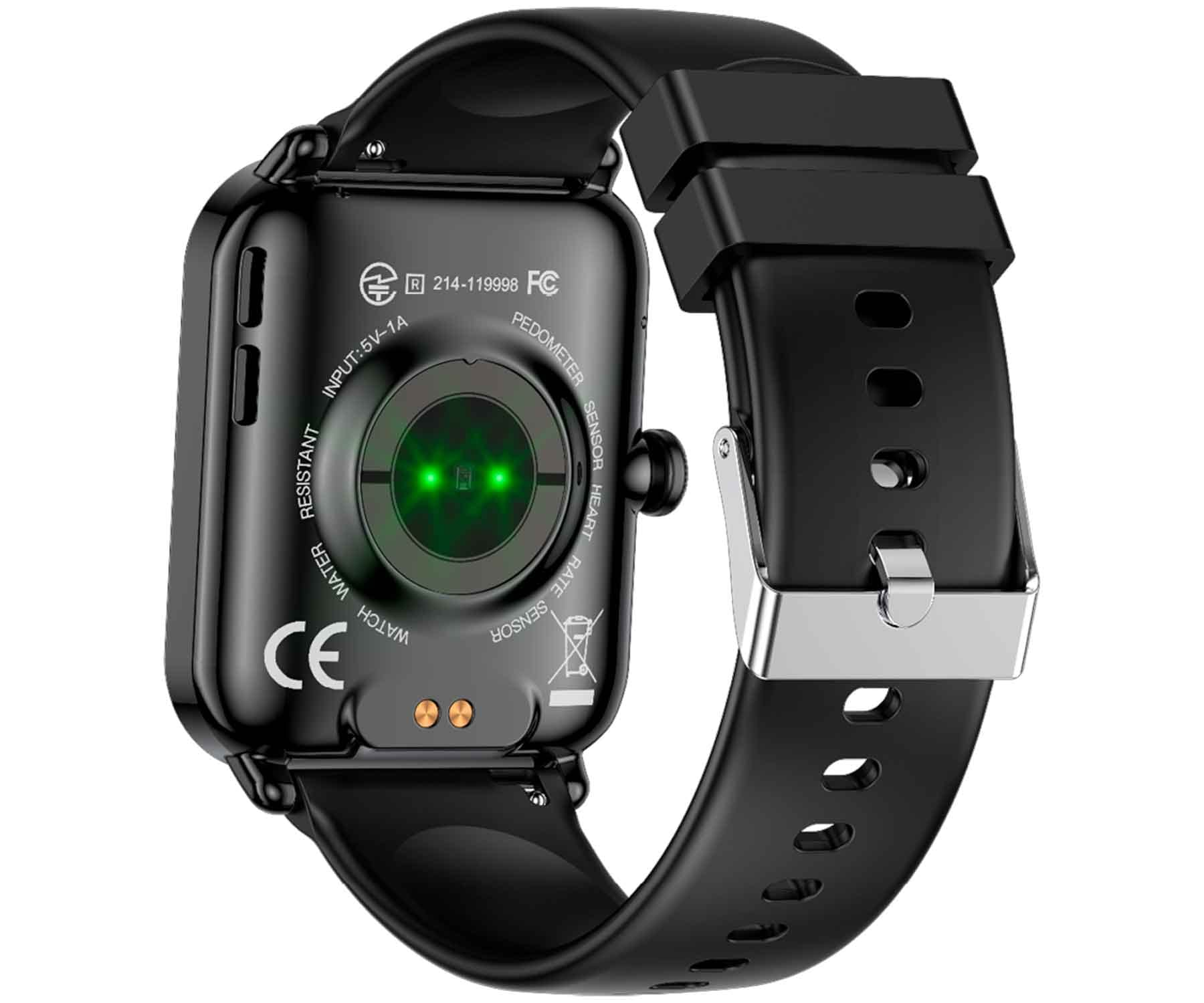 Uno smartwatch nero con cinturino nero e sensore di frequenza cardiaca verde.