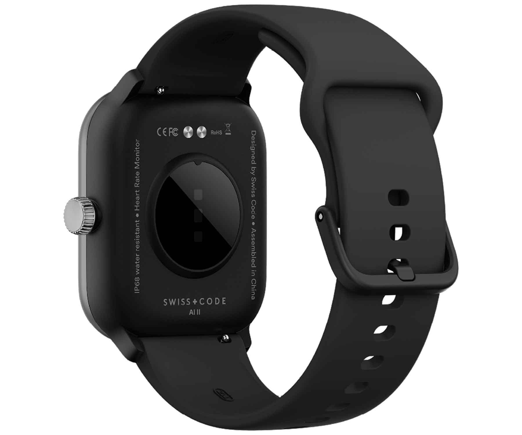 Montre connectée noire, vue arrière, avec le bracelet attaché. Détails incluent texte et petite molette.