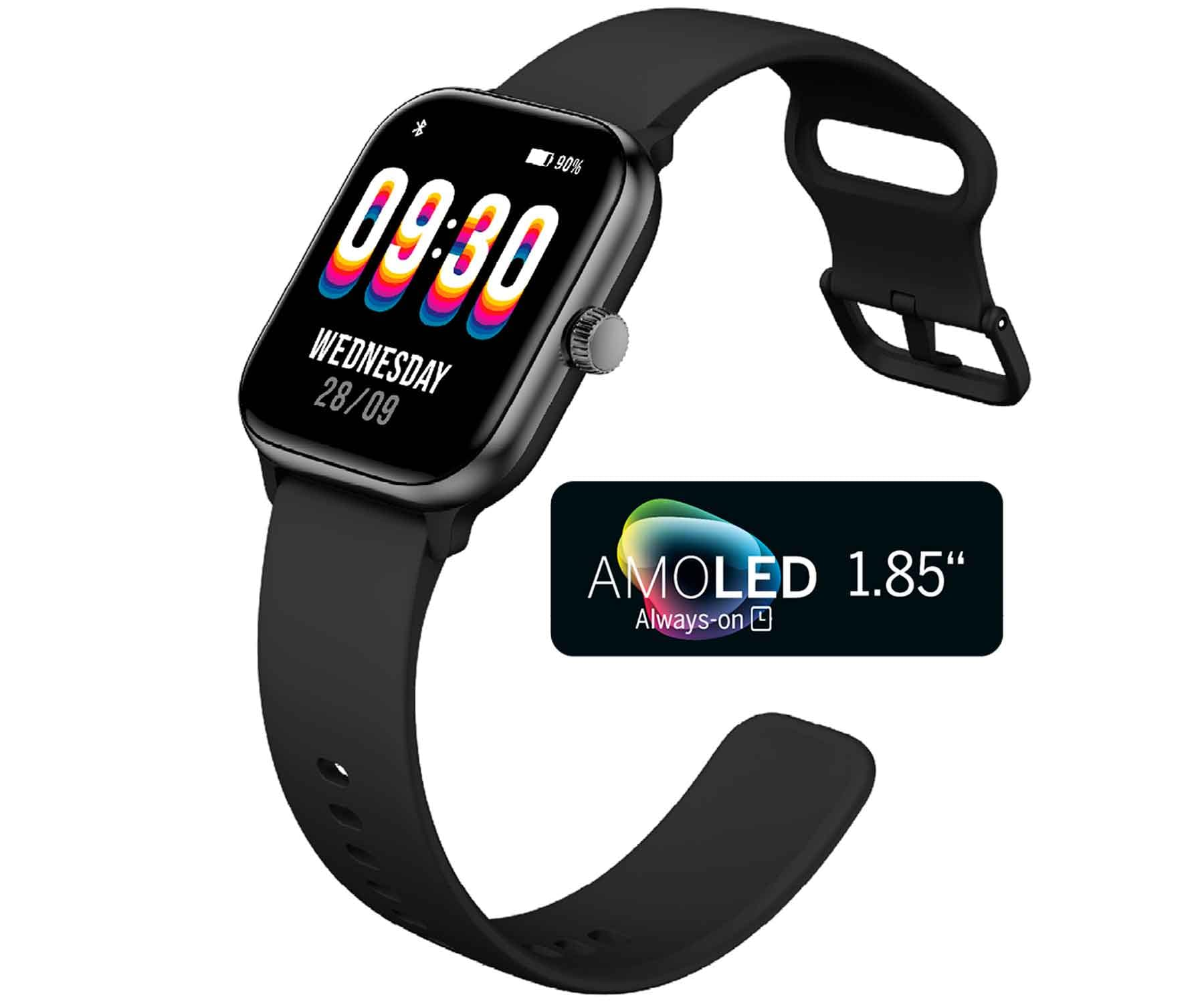 Une smartwatch noire avec cadran carré, affichant l'heure et la date. AMOLED 1,85".