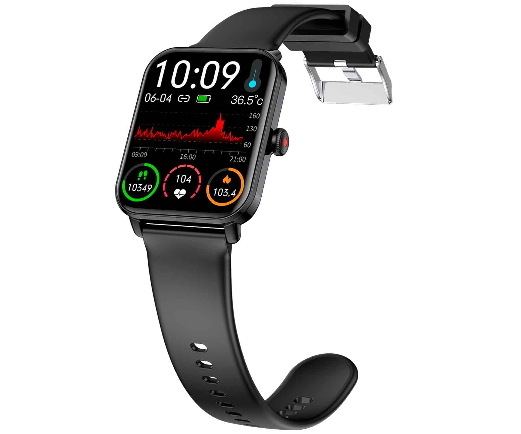 Smartwatch nero con display digitale che mostra ora, frequenza cardiaca e temperatura.