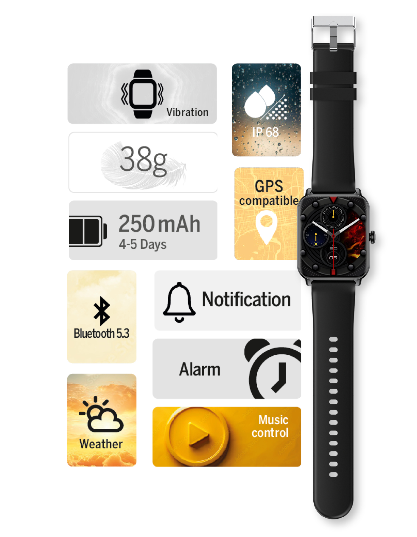 Smartwatch nero con molte icone e specifiche mostrate, tra cui: Bluetooth e meteo.