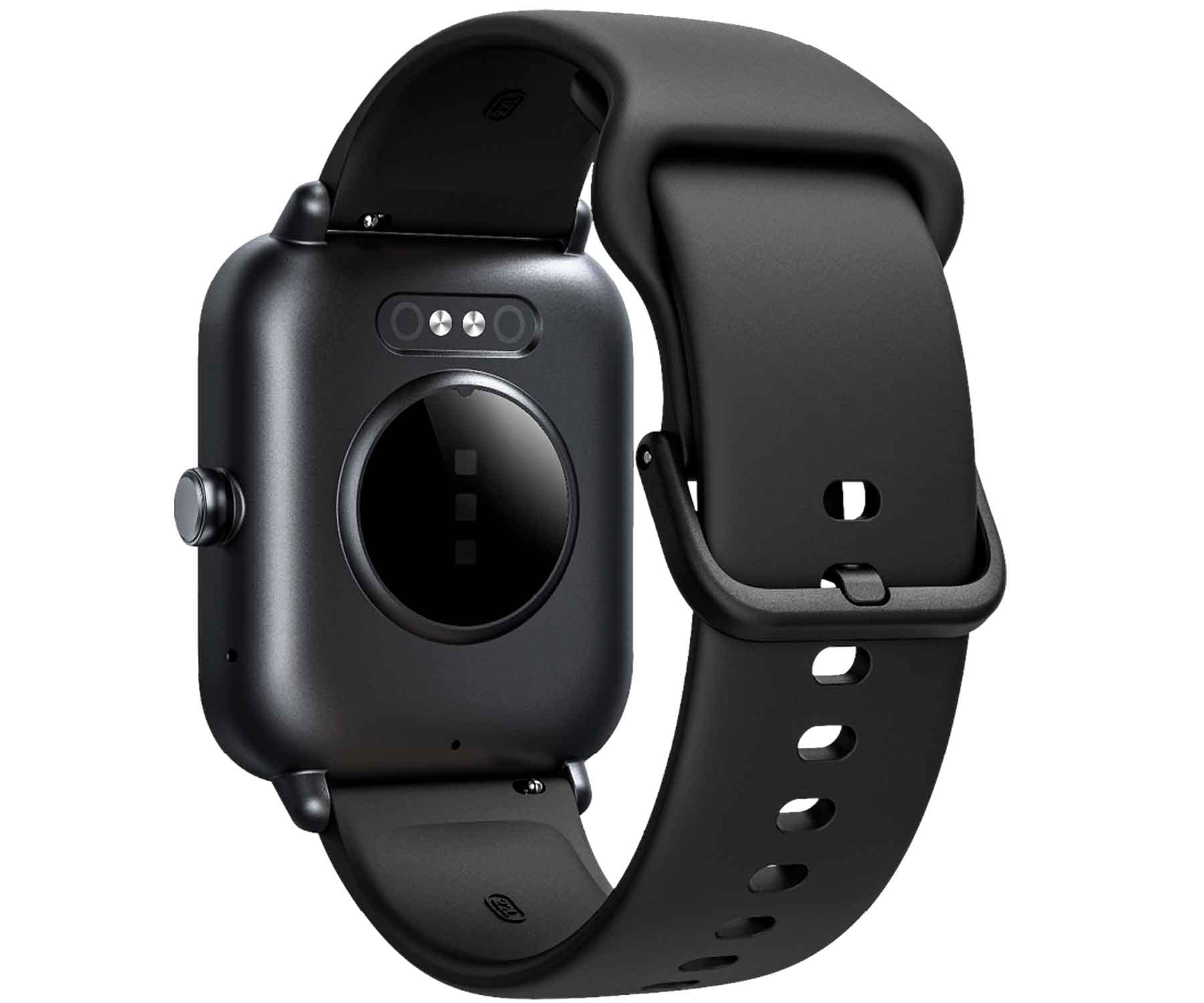 Schwarze Smartwatch, Rückansicht, mit Armband. Sichtbare Sensoren und das Armband.