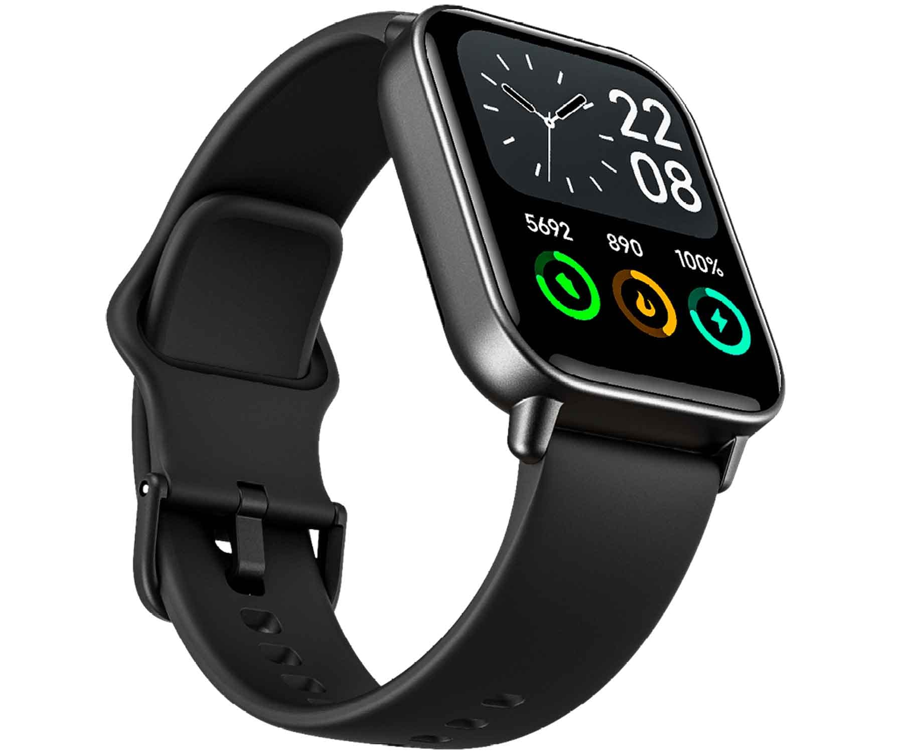 Schwarze Smartwatch zeigt Zeit und Akkulaufzeit. Schwarzes Armband und Bildschirm mit App-Symbolen.
