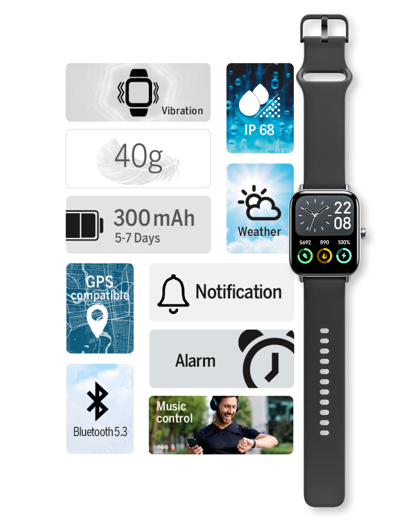 Smartwatch mit Funktionssymbolen wie Bluetooth, Wetter und Benachrichtigung.