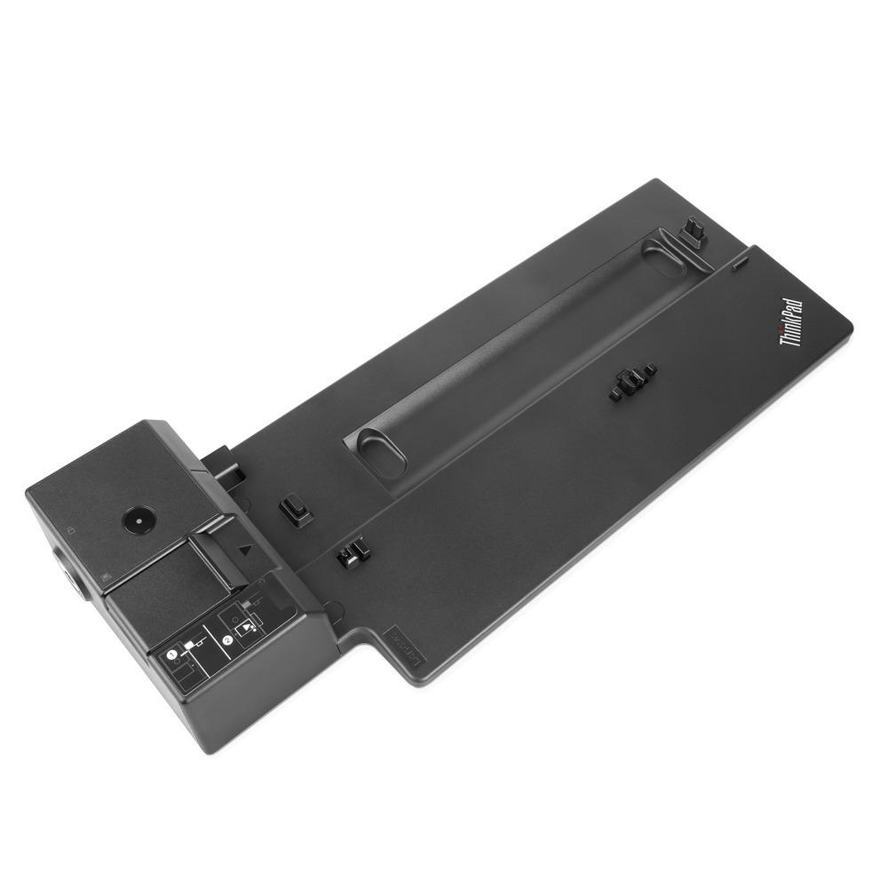 Docking station ThinkPad nera. Mostra porte e punti di connessione. Vista angolata.