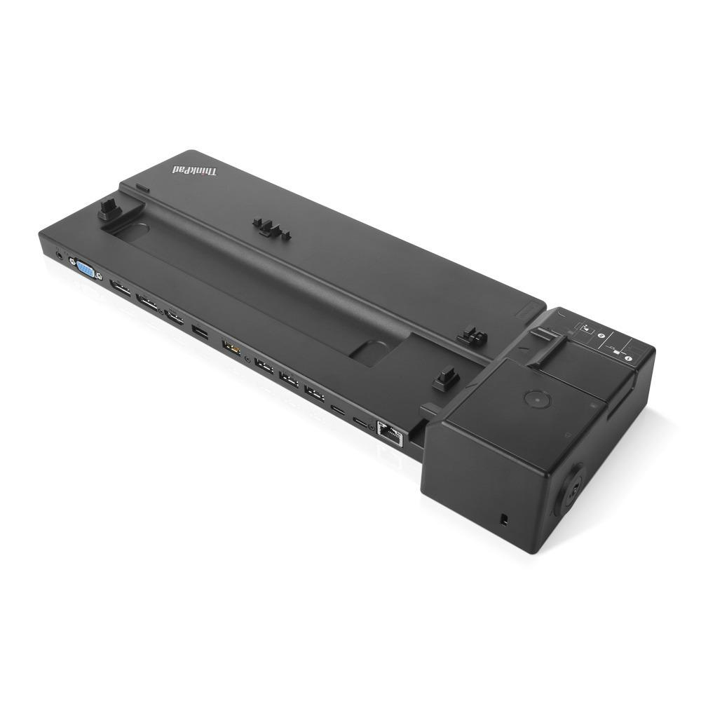 Docking station ThinkPad nera. Ha varie porte e connettori. Si trova su una superficie bianca.