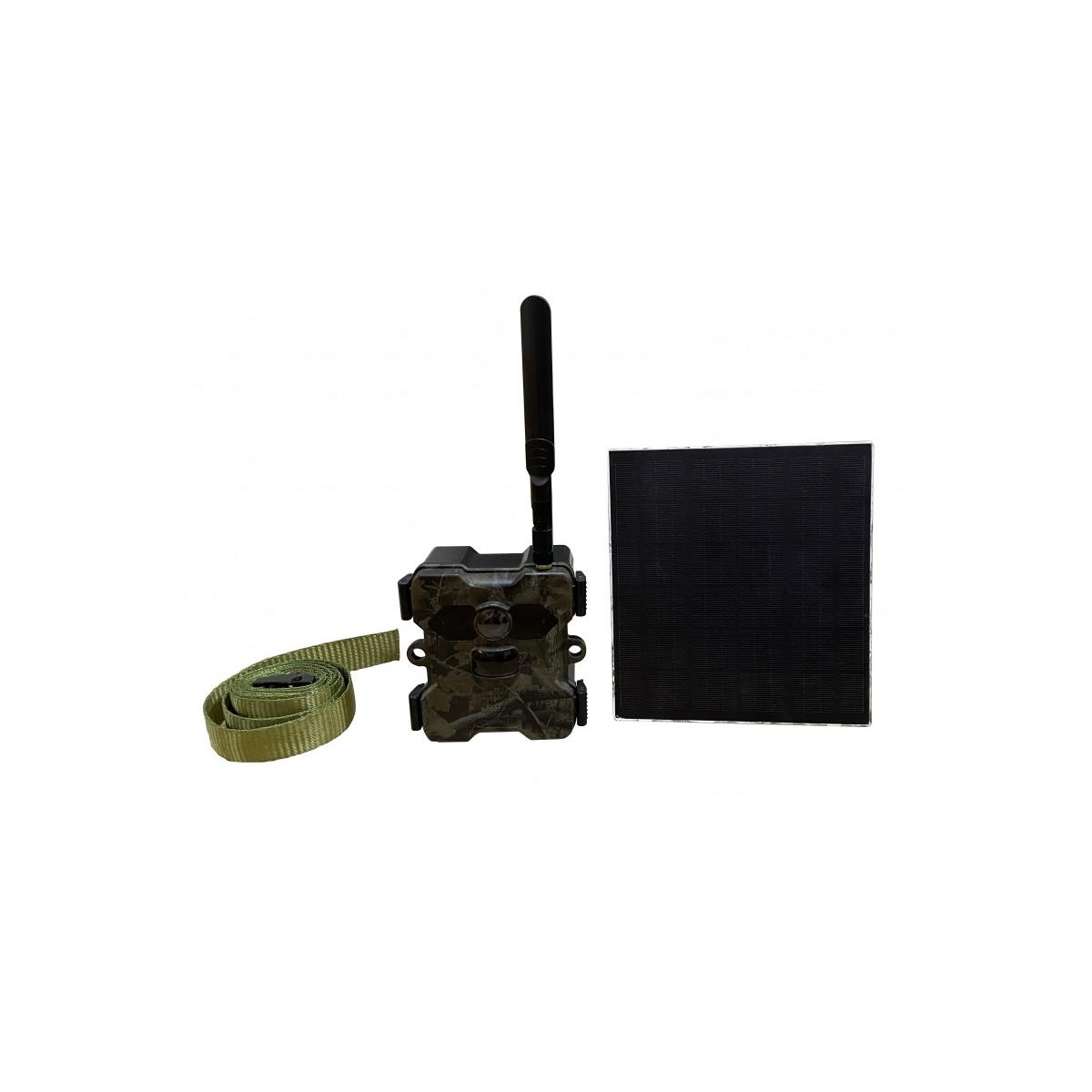 Fotocamera da trail mimetica con pannello solare e cinturino verde. Obiettivo e antenna neri.