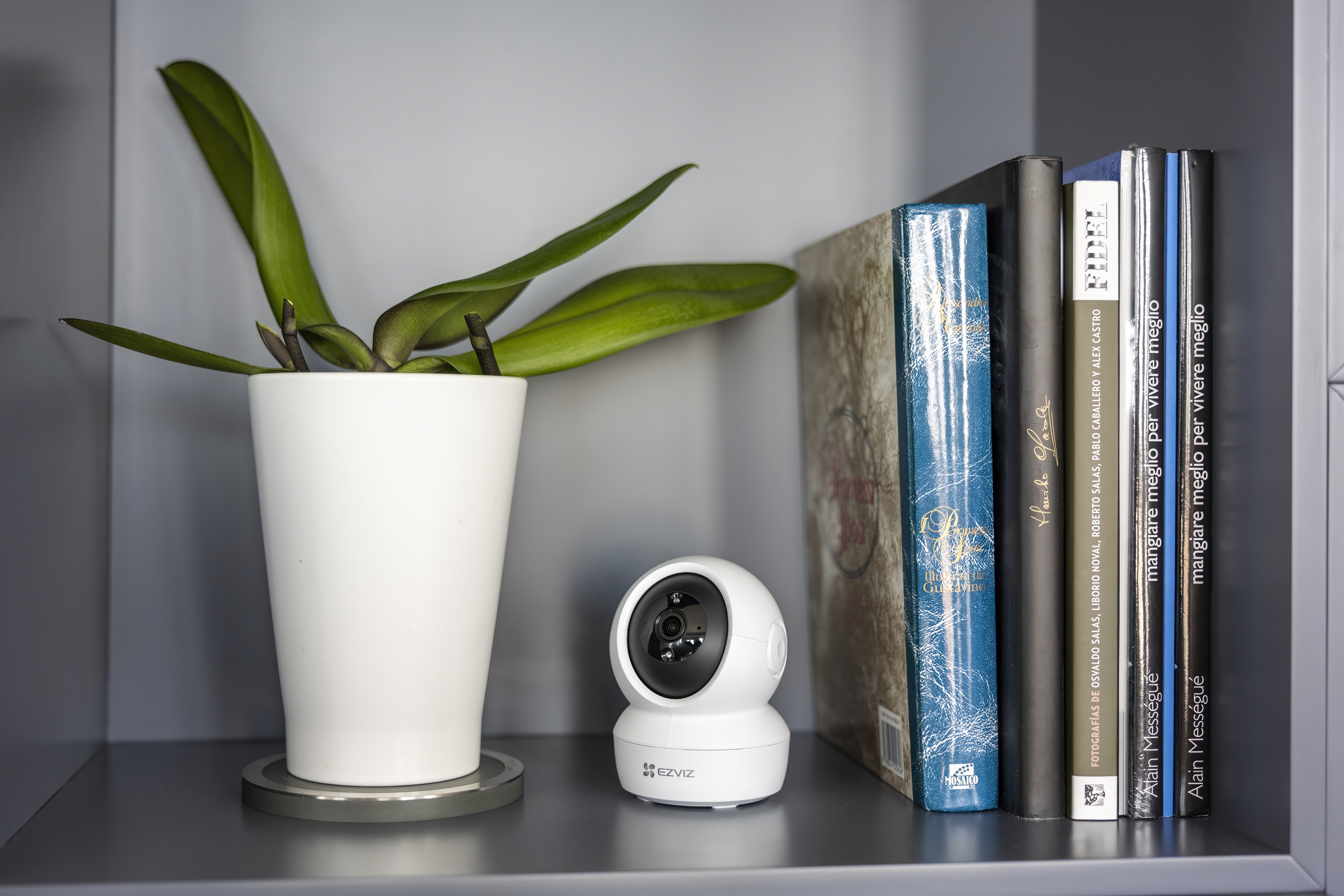 Una telecamera di sicurezza e libri su uno scaffale. C'è un vaso bianco con una pianta.
