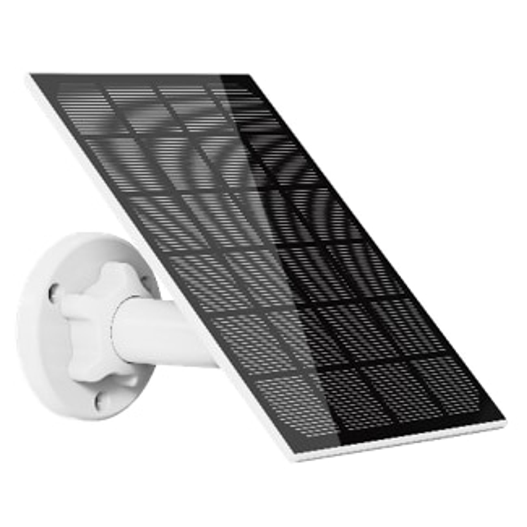 Panel słoneczny do kamery bezpieczeństwa, zamontowany na białym ramieniu. Posiada białą podstawę.