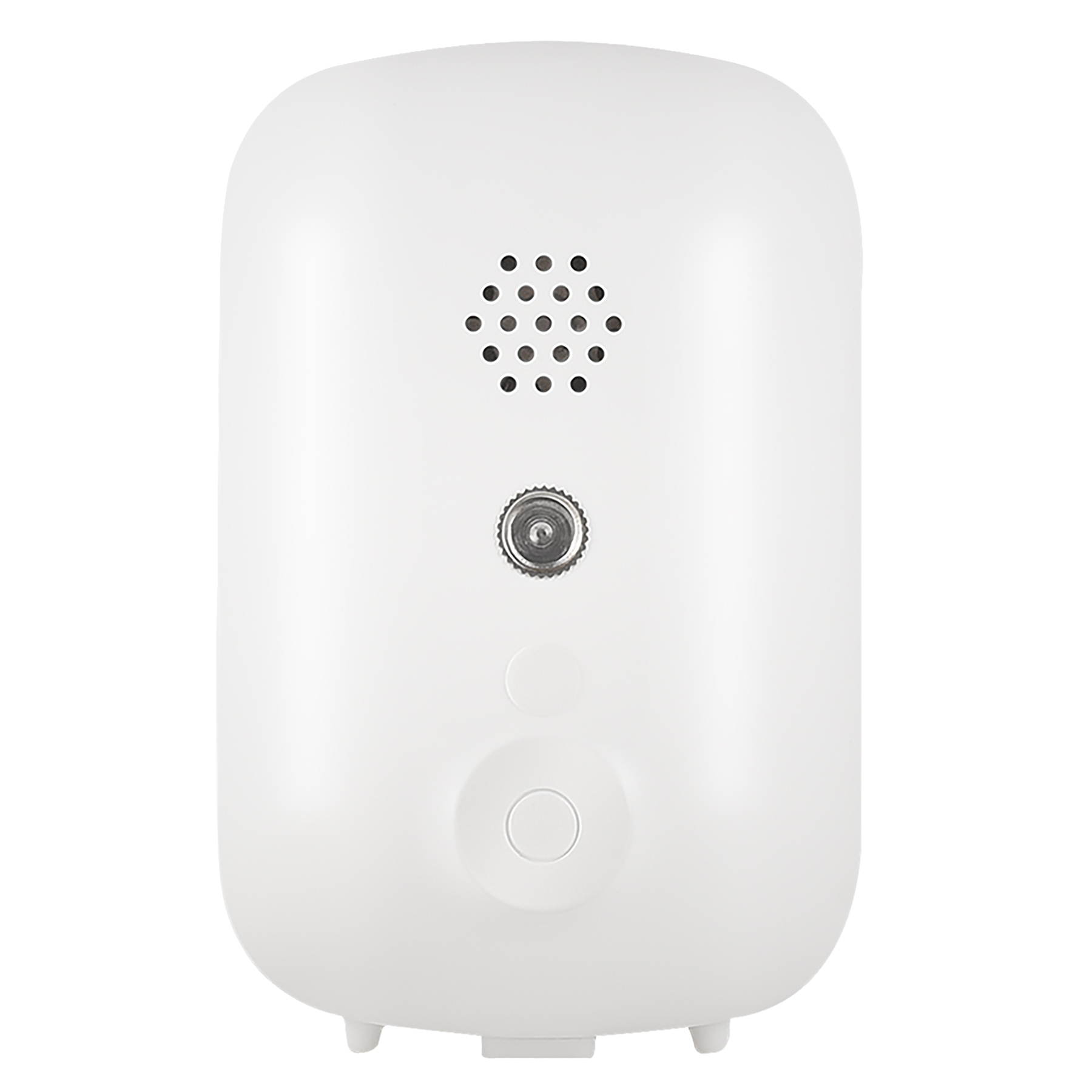 Białe urządzenie z głośnikiem, przyciskami i czujnikiem, na białym tle.