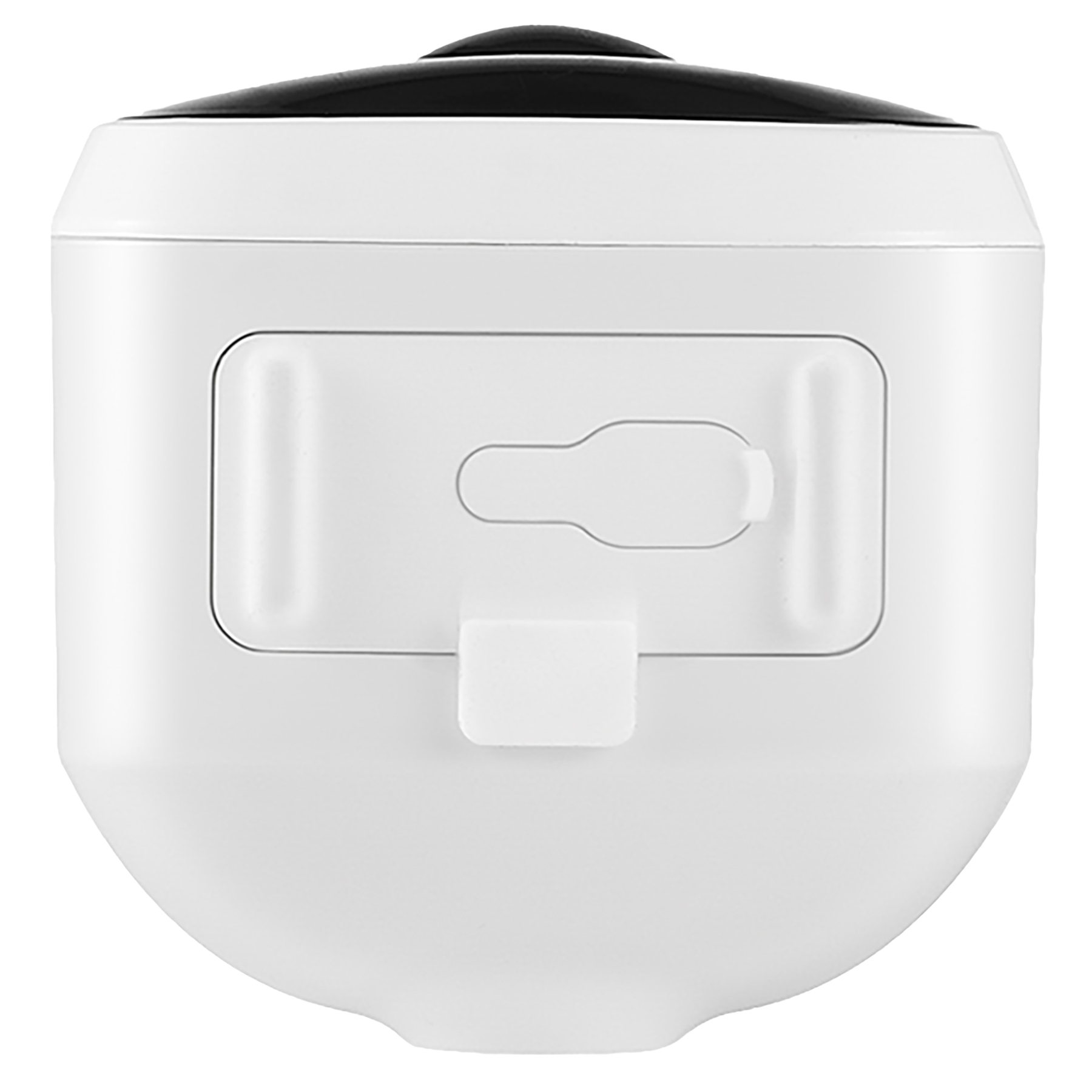 Tył białej kamery bezpieczeństwa, pokazujący wspornik montażowy. Białe tło.