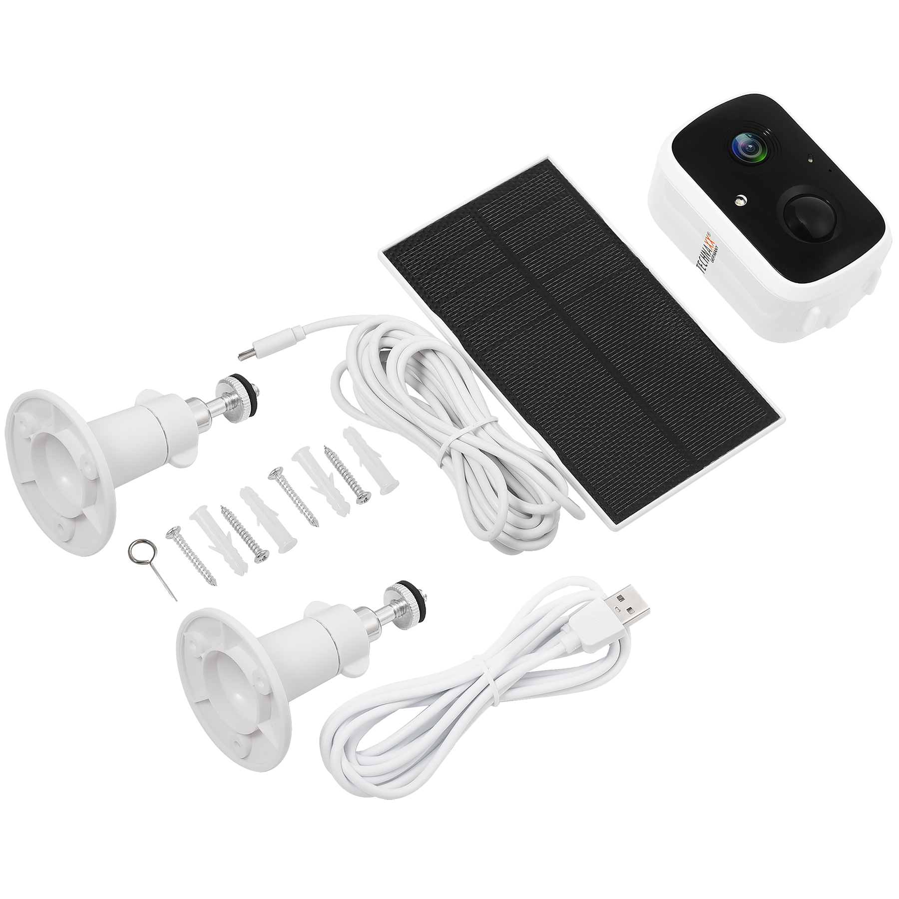 Zestaw kamery bezpieczeństwa z osprzętem montażowym, panelem słonecznym, kablem i białym tłem. Przedmioty są rozrzucone.