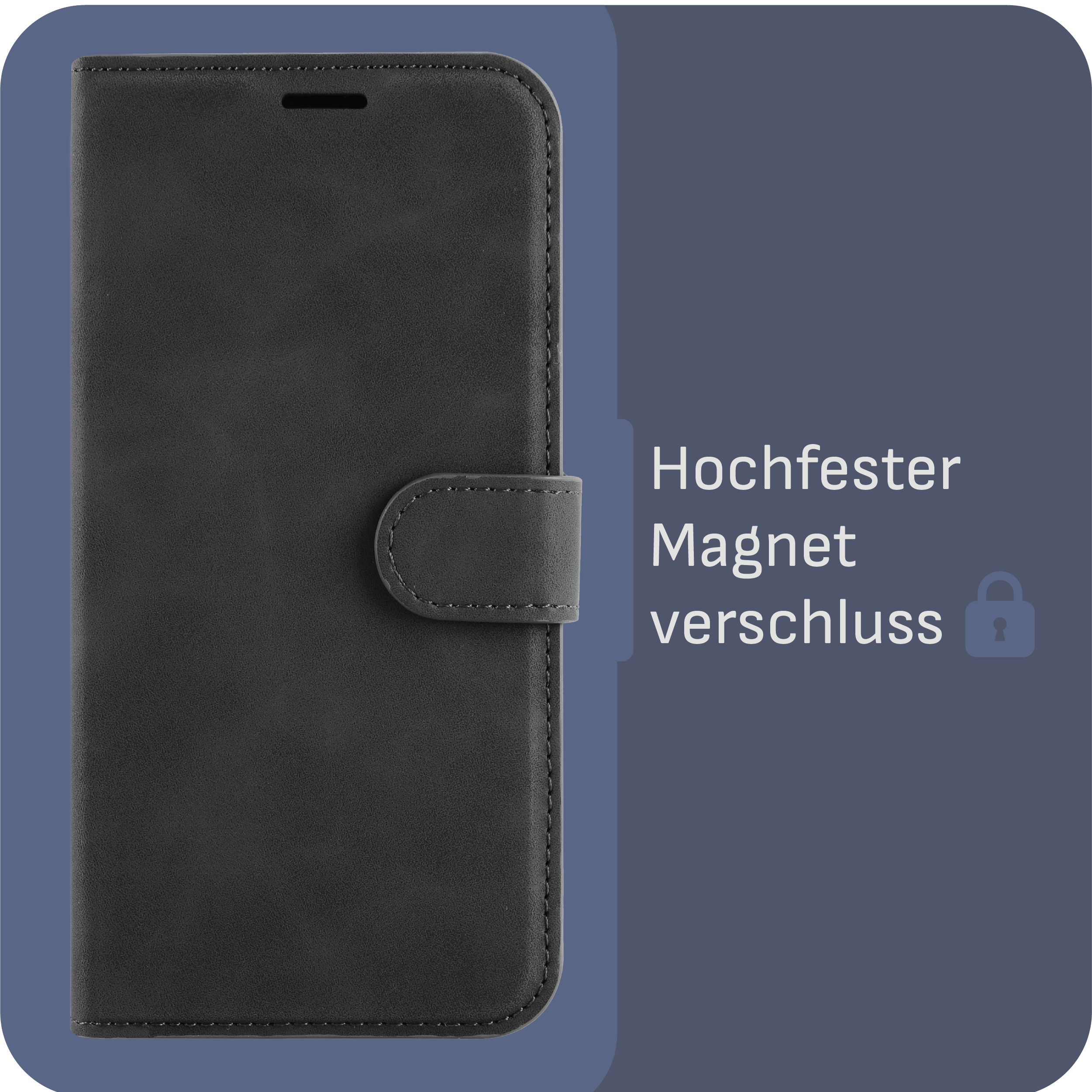 Schwarze Handyhülle mit Magnetverschlussklappe, mit weißem Text auf Deutsch.