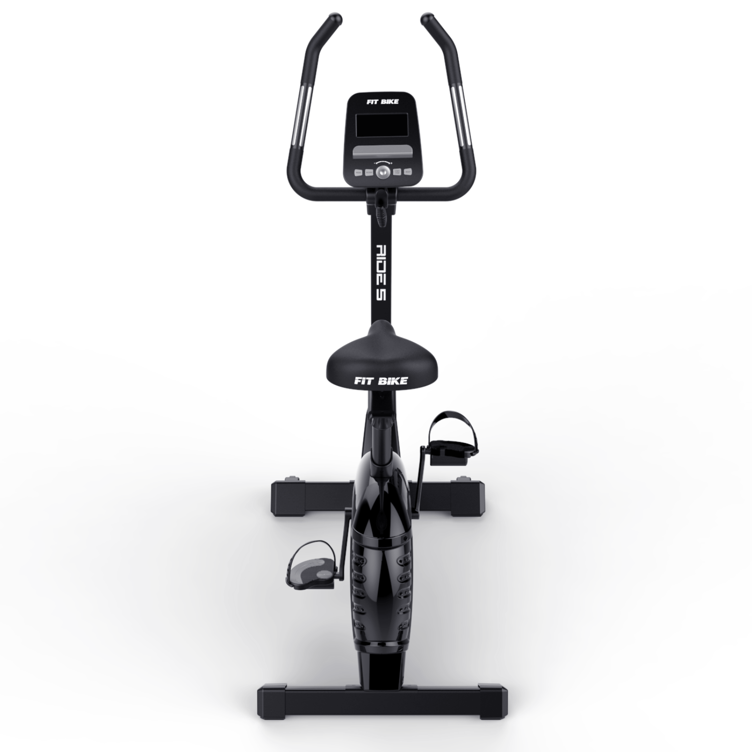 Un vélo d'exercice stationnaire noir avec écran, selle et pédales, sur fond blanc.