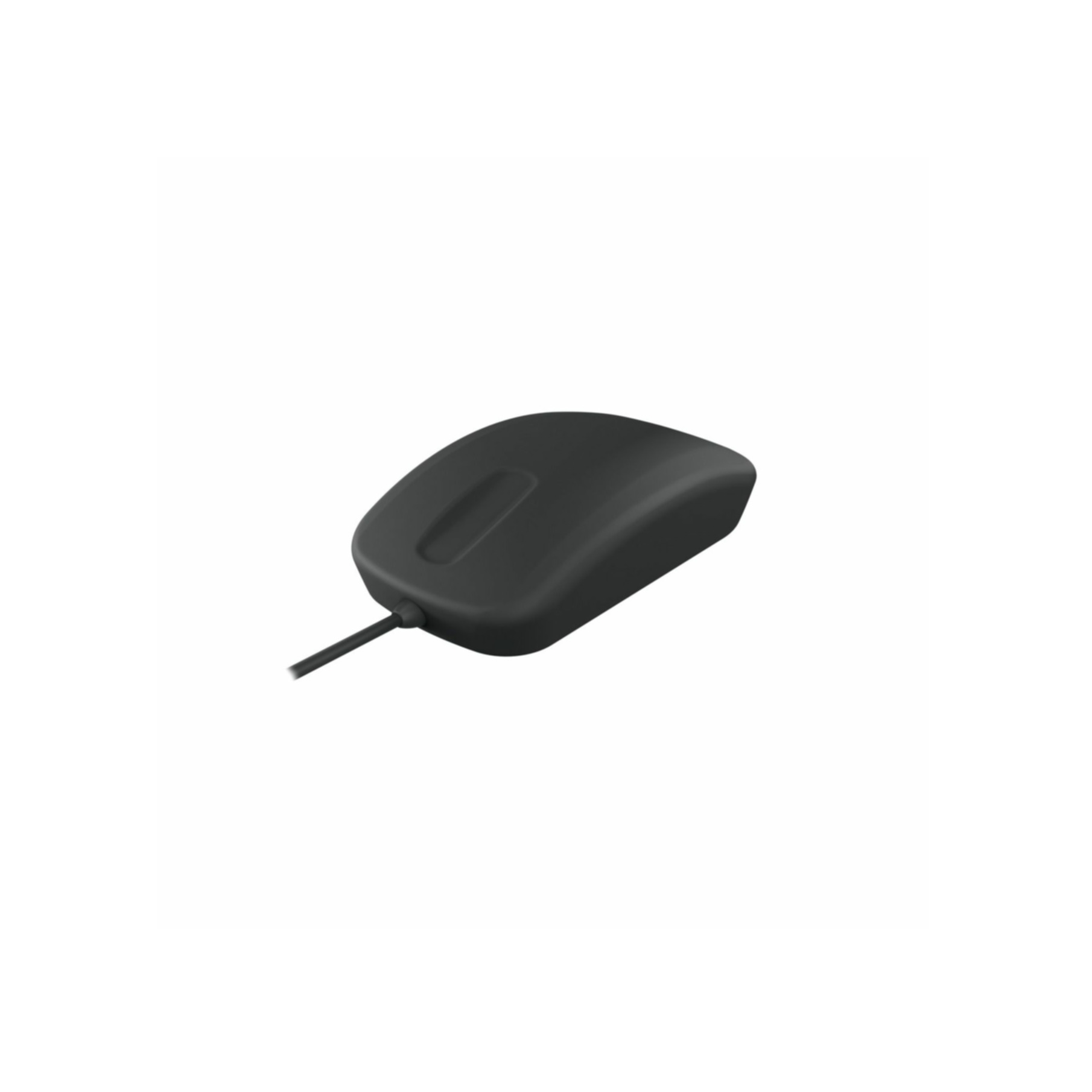 Souris noire avec câble, en angle sur fond blanc, avec mise au point sur le dessus.
