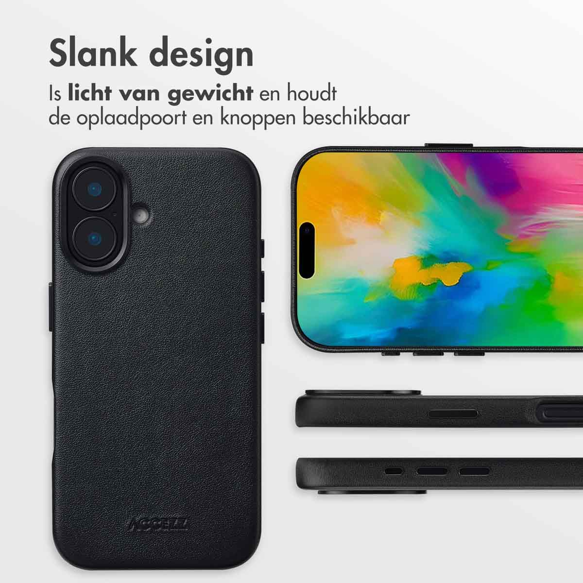 Een zwarte telefoonhoes met een telefoon erin, met designkenmerken en tekst 'Slank design'.