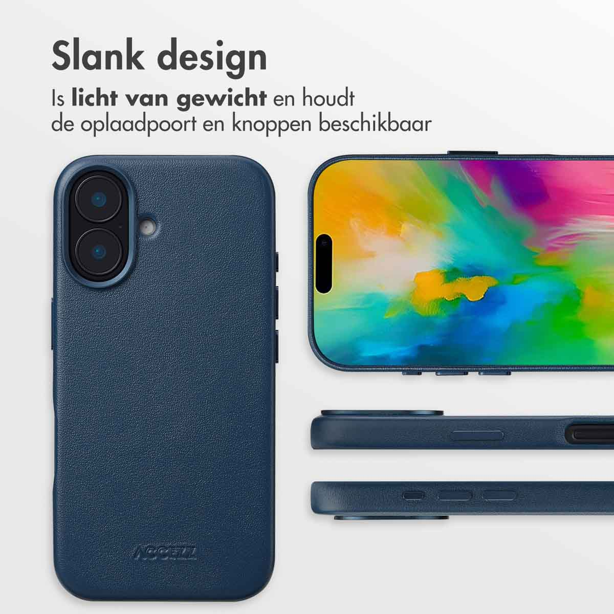 Coque de téléphone bleue avec un téléphone à l'intérieur. Montre la caméra et les boutons latéraux.