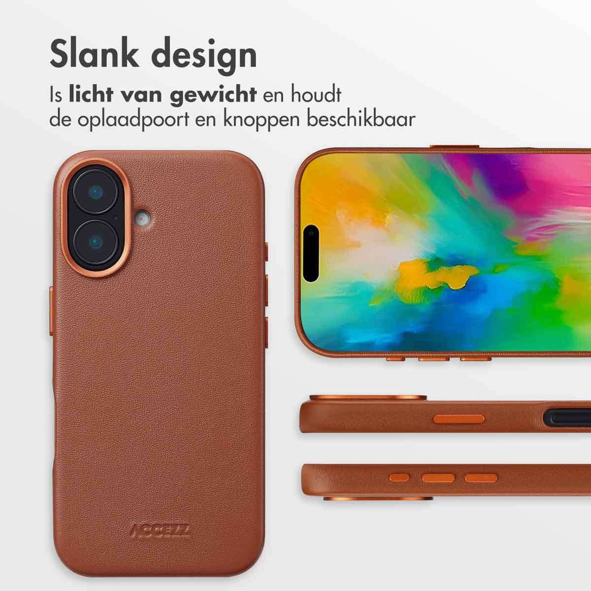 Telefoonhoesje met bruine leerachtige textuur en details, met het scherm van de telefoon zichtbaar.