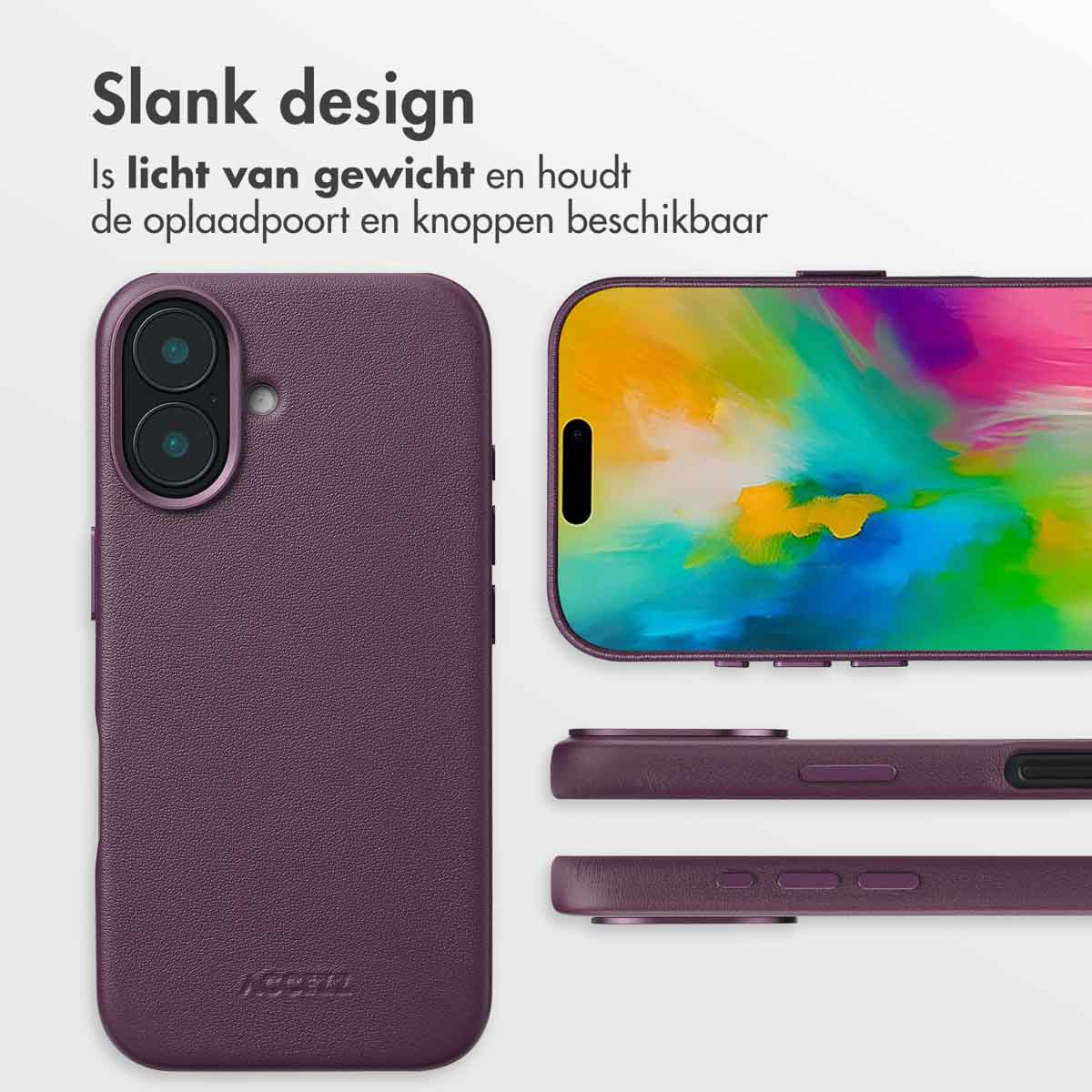 Paarse telefoonhoes met een telefoon erin, en een close-up van de zijkant en de onderkant.