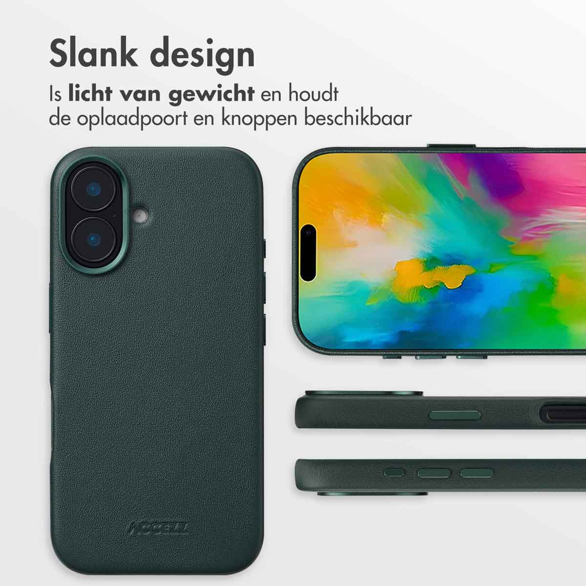 Donkergroene telefoonhoes. De hoes heeft een camera-uitsparing en een gedeelte dat het scherm van de telefoon toont.