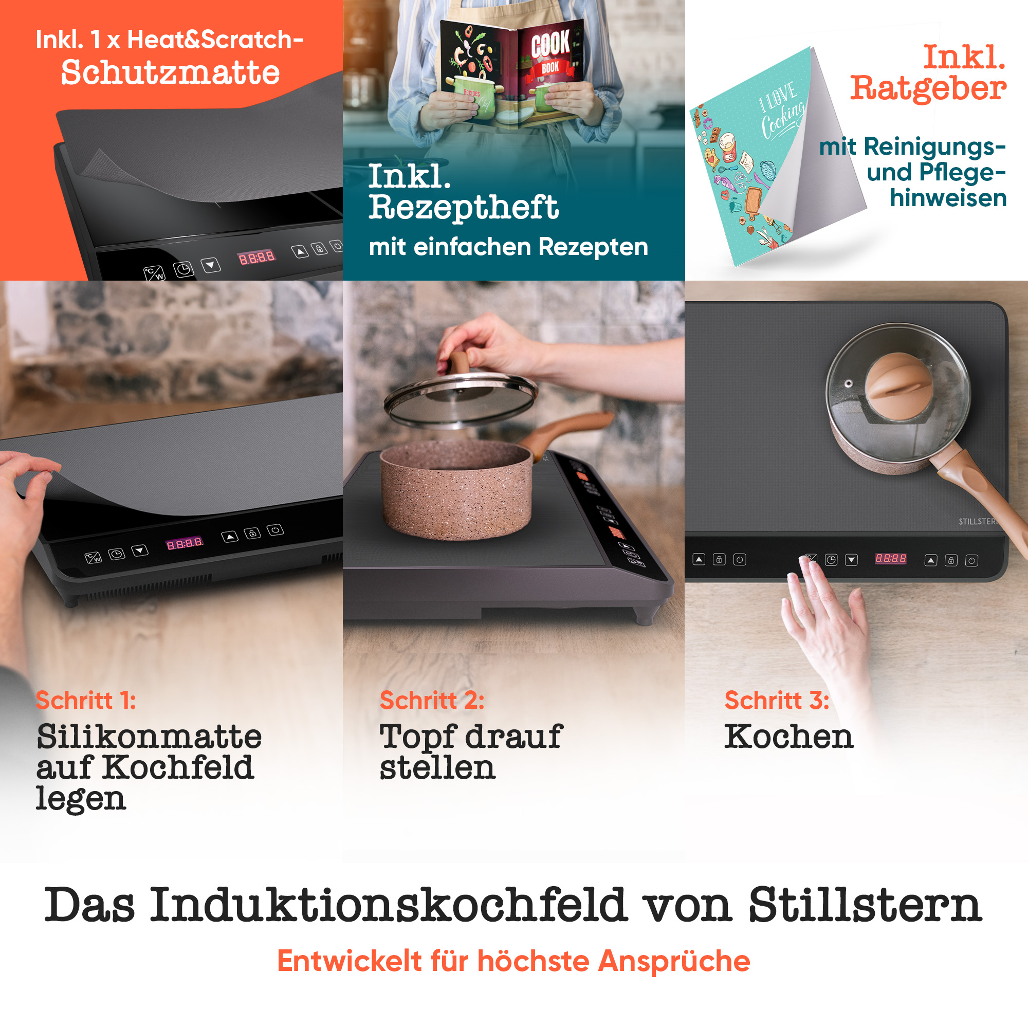 Induktionskochfeld mit Zubehör und Anweisungen. Eine Person kocht darauf. Weißer Hintergrund.