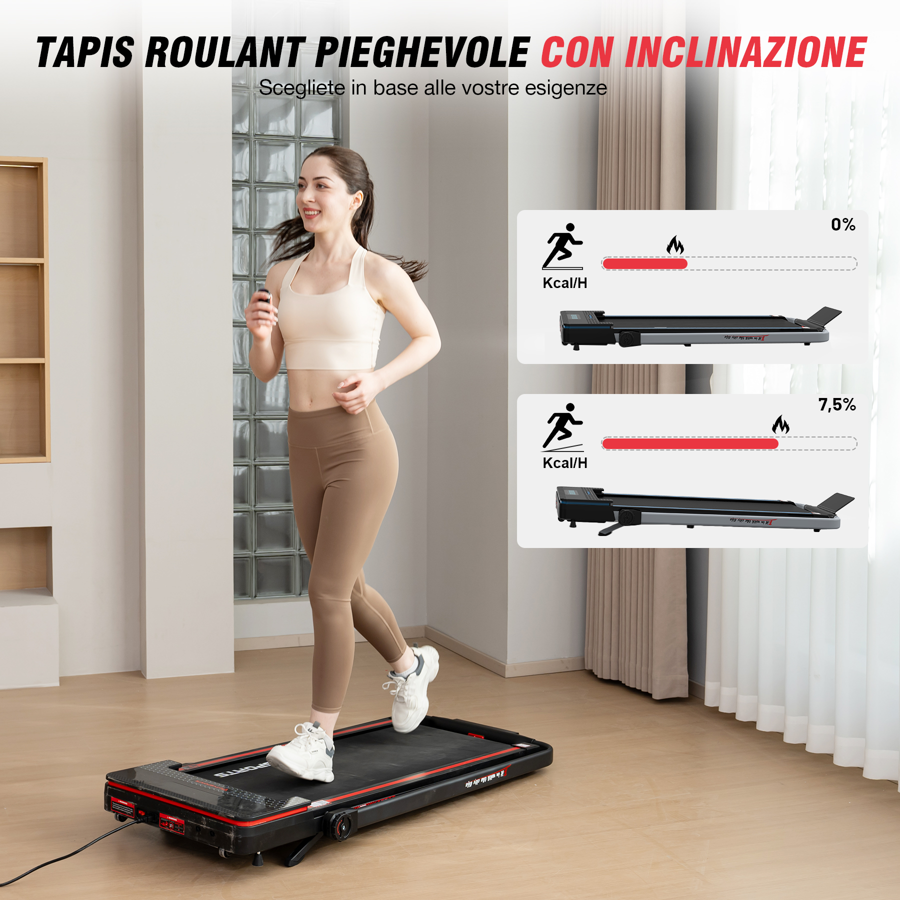 Donna che corre su un tapis roulant, con grafico che mostra il consumo di calorie e testo.