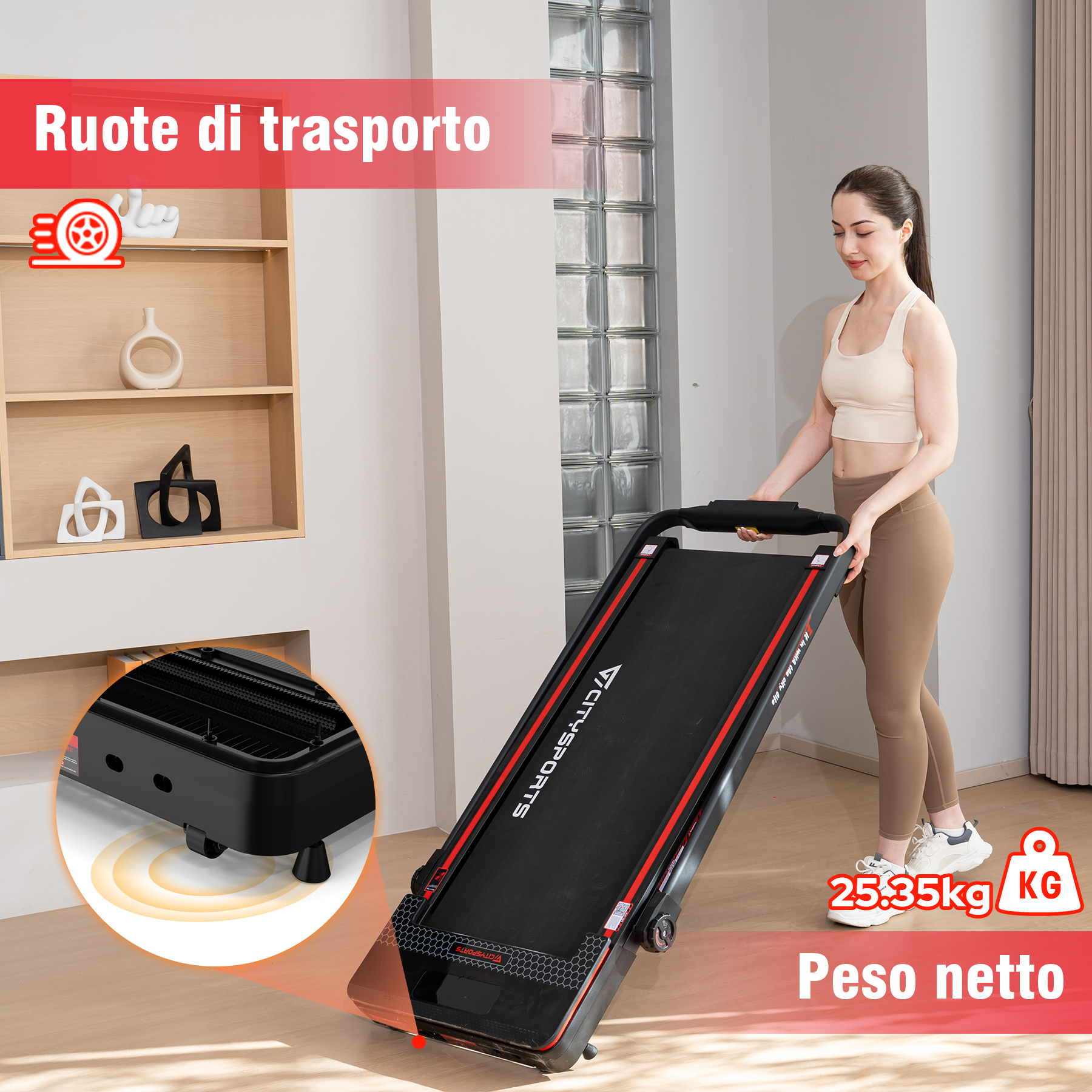 Una donna sta spingendo un tapis roulant nero e rosso. Il tapis roulant ha la scritta 'VICT-SPORTS'.