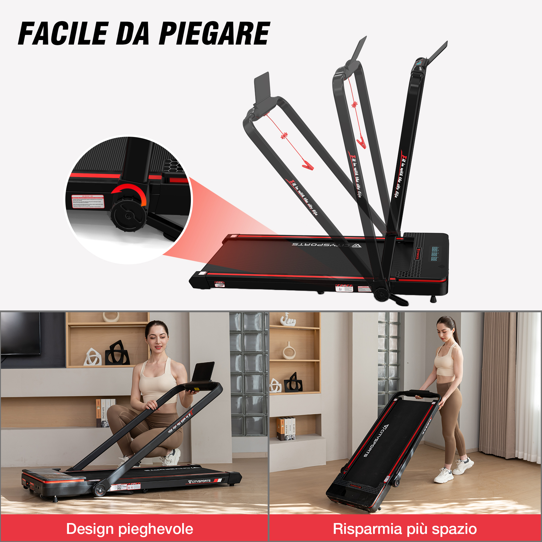Un tapis roulant pieghevole in tre fasi, che mostra la piegatura e l'apertura. Una donna ci corre sopra. Accenti rossi.