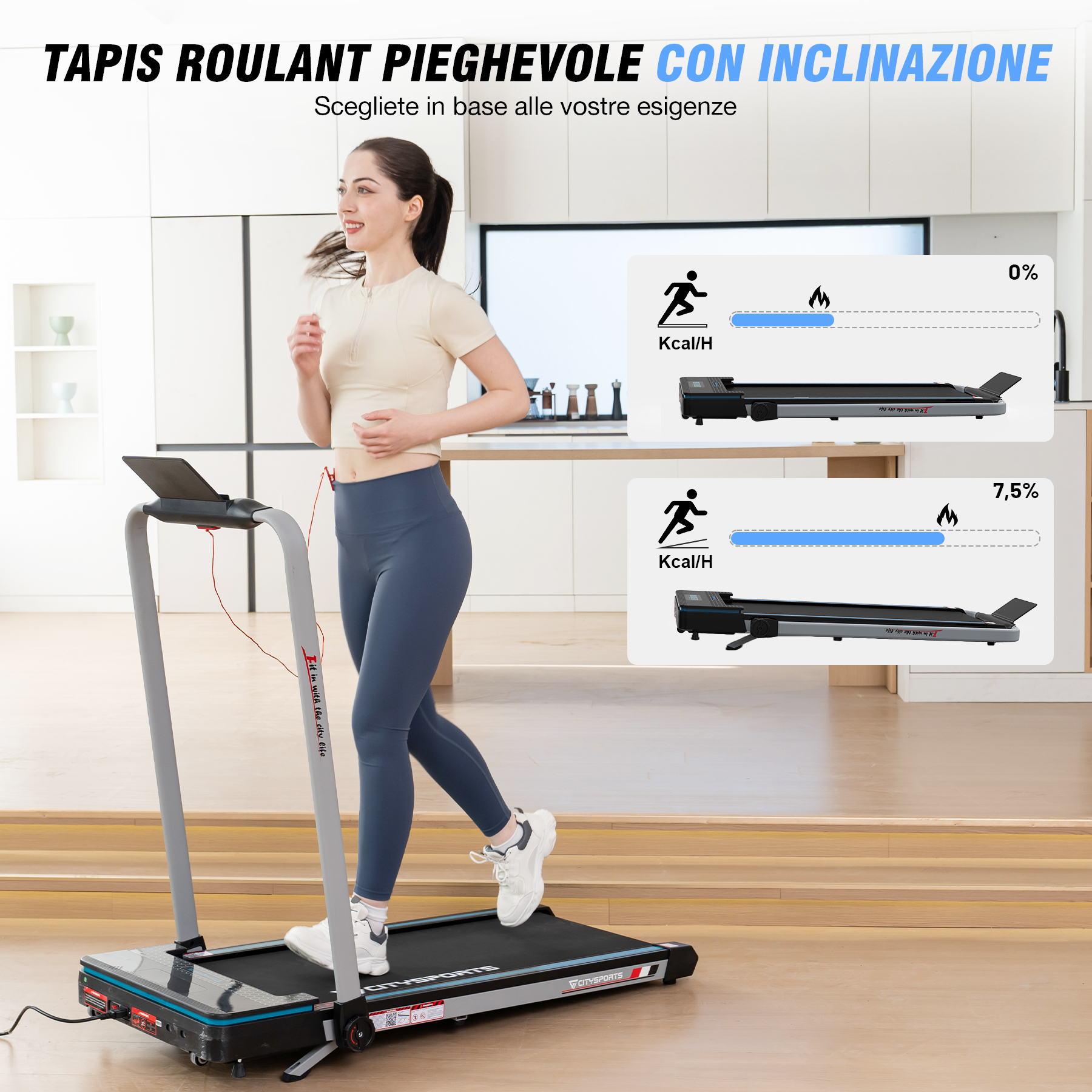 Una donna corre su un tapis roulant, accanto sono mostrati diagrammi di calorie.