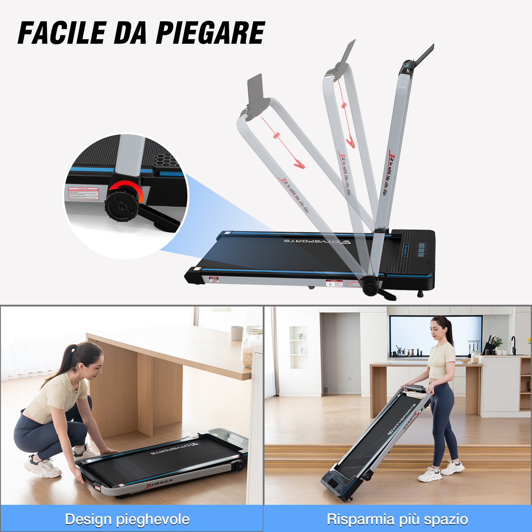 Un'immagine mostra un tapis roulant pieghevole. Mostra come piegarlo e 2 donne che lo usano. Il testo dice facile da piegare e consente di risparmiare spazio.