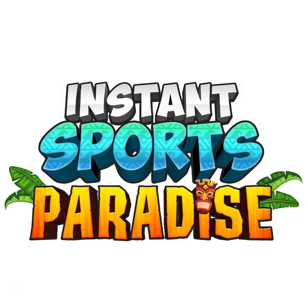 Logo colorato con testo. Il testo dice "Instant Sports Paradise". Design a tema tropicale.